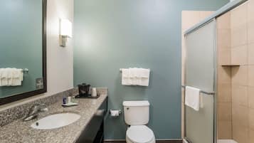 Ein Badezimmer mit Waschbecken, Toilette und Duschbereich.