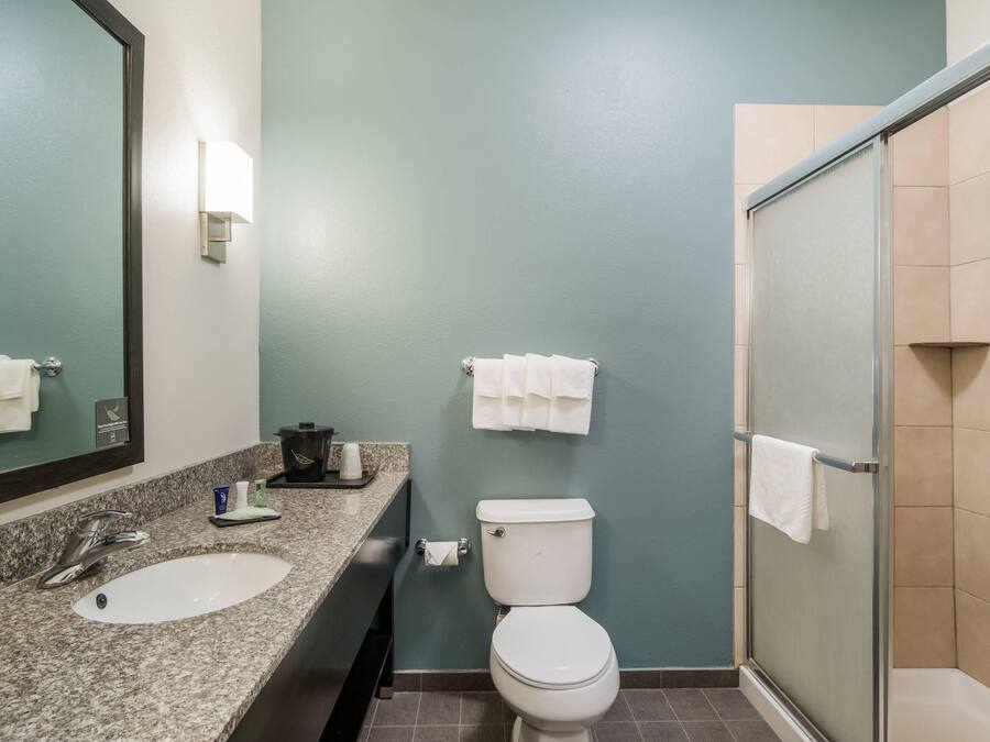 A bathroom with a sink, toilet, and shower area.
