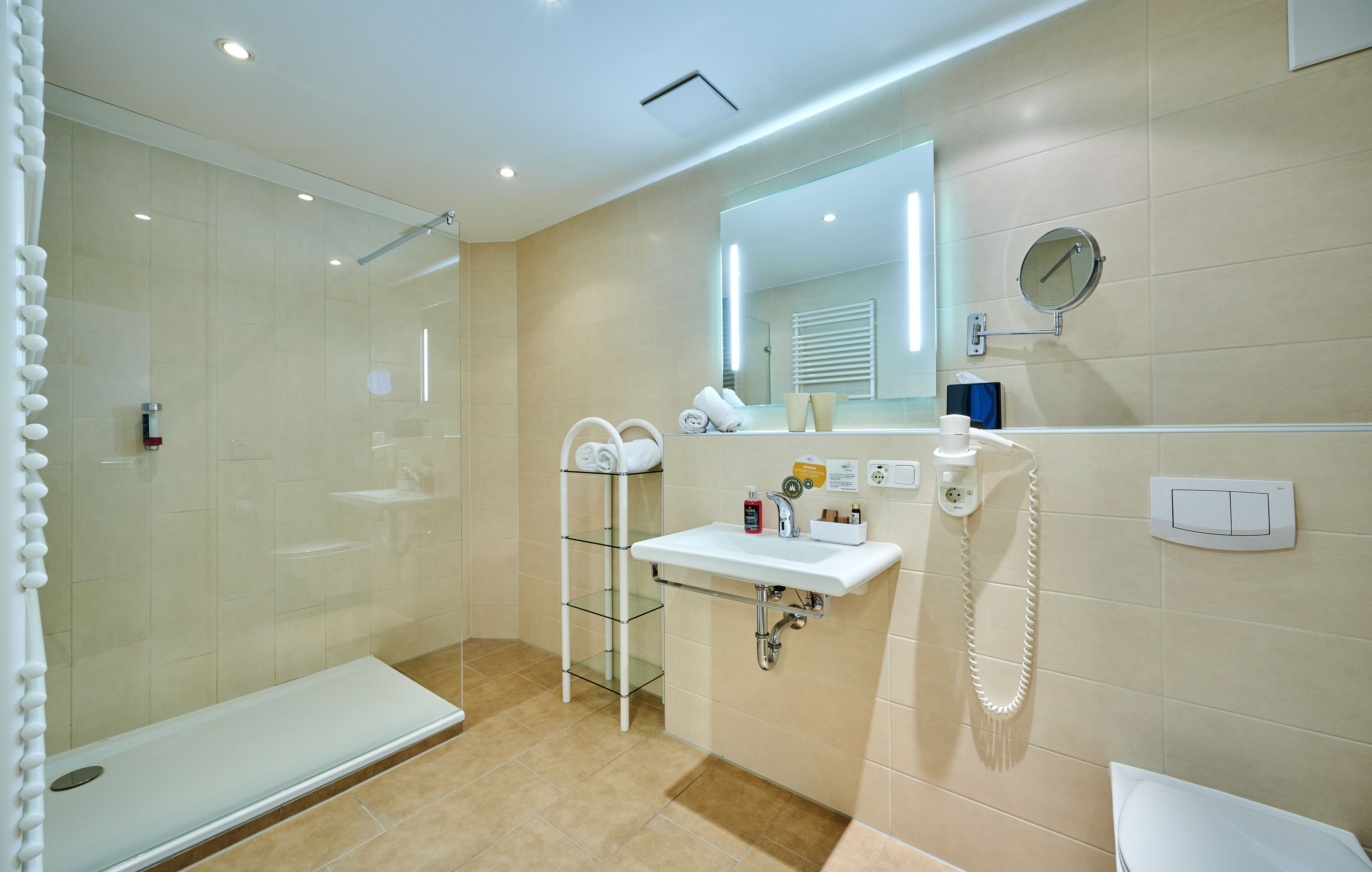 A modern bathroom with a glass shower enclosure, a white sink, and a mirror.