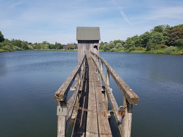 Un muelle de madera que se extiende sobre un lago tranquilo, con una barandilla de metal y un candado asegurando el extremo.