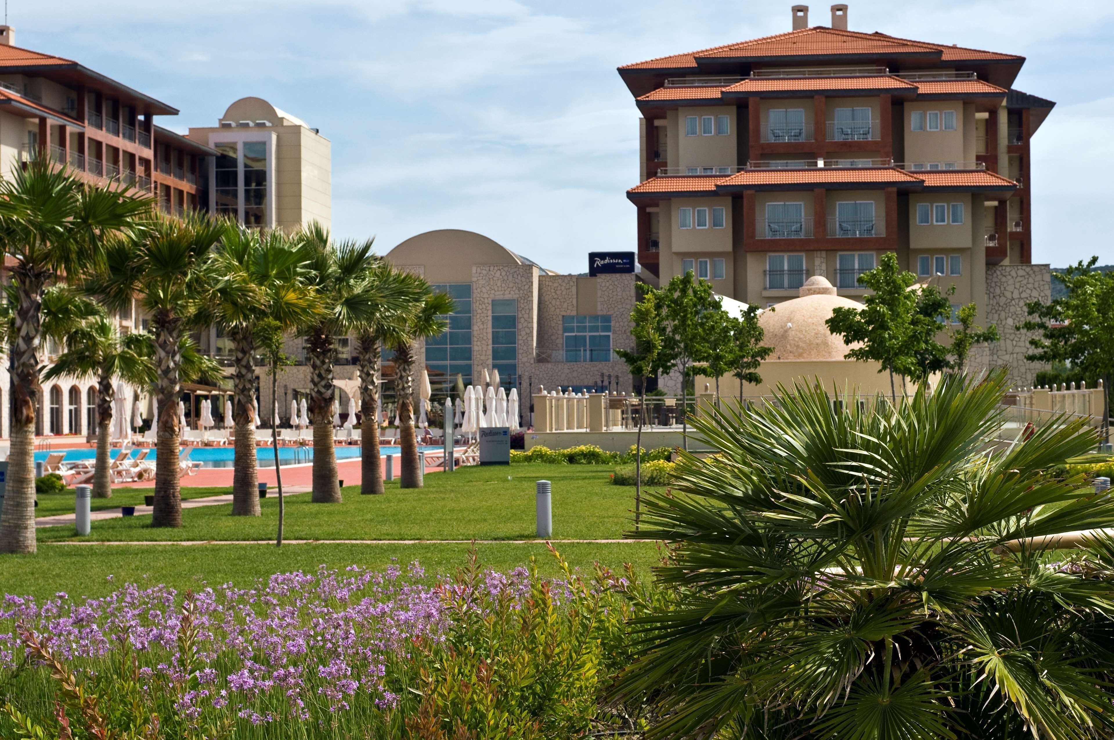 A hotel with a pool area, palm trees, and a garden with purple flowers.