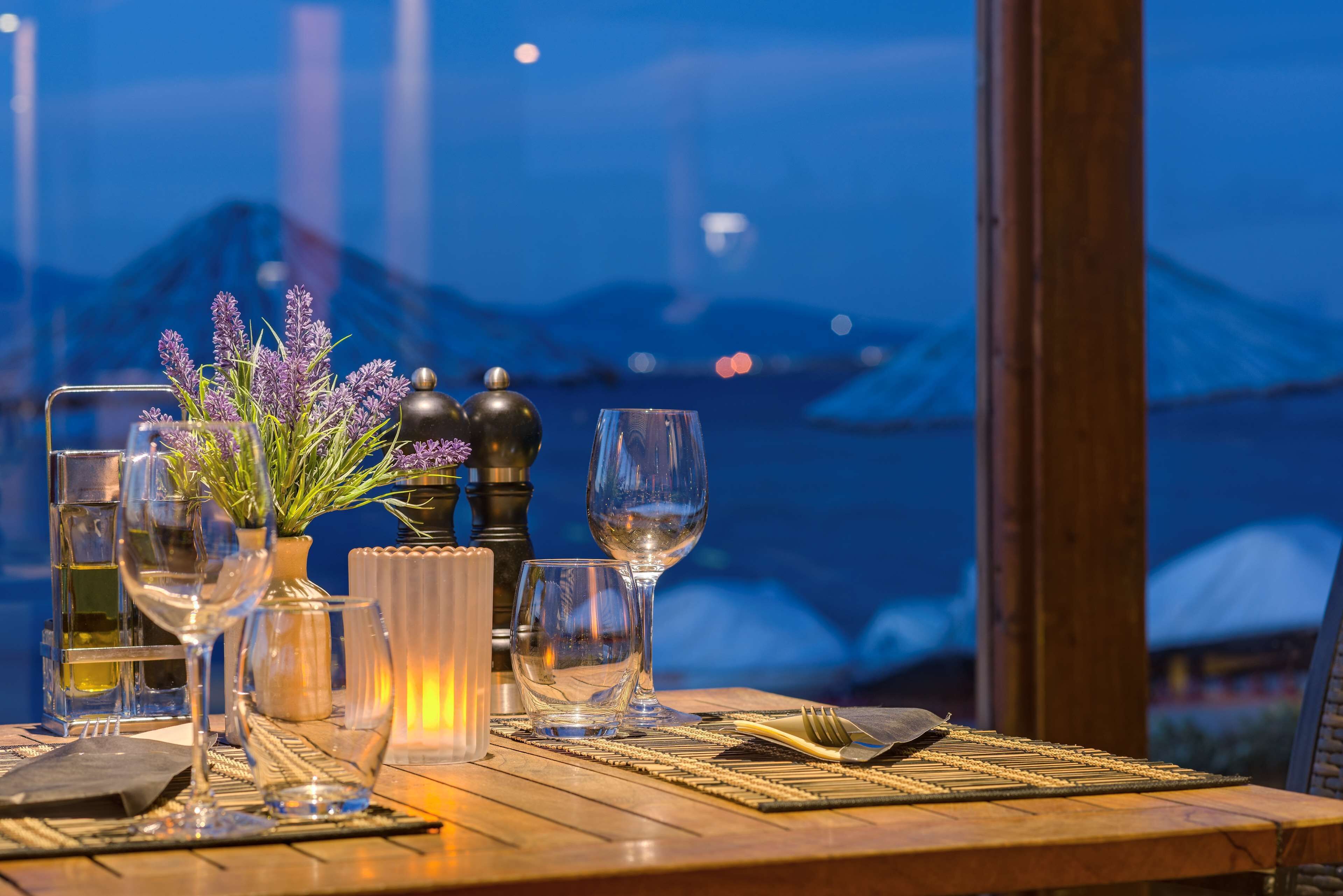 Mesa de comedor dispuesta con copas de vino, una vela y un florero, con vistas a un paisaje montañoso.