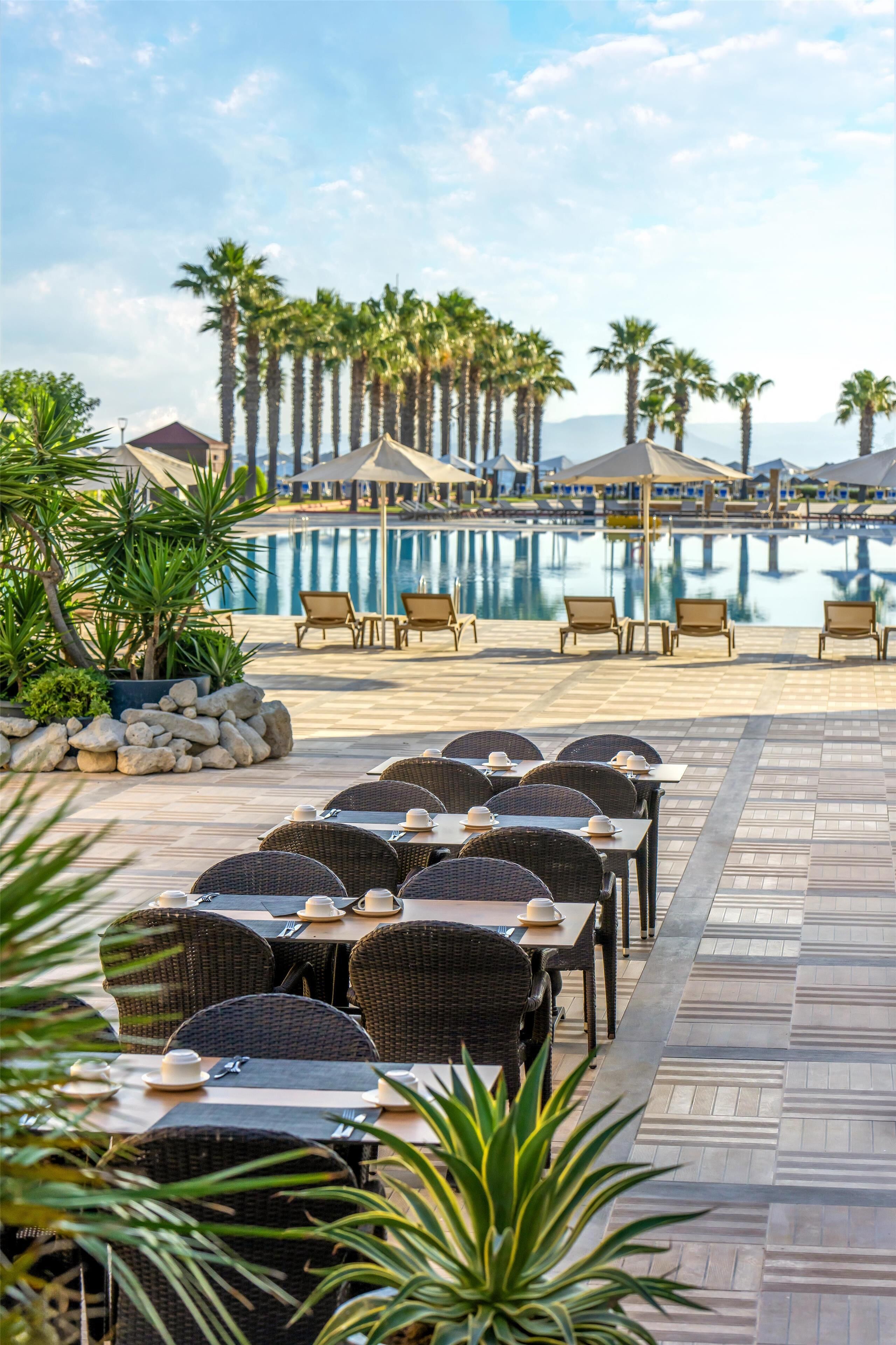 A poolside area with lounge chairs and tables, palm trees, and a clear view of the pool.