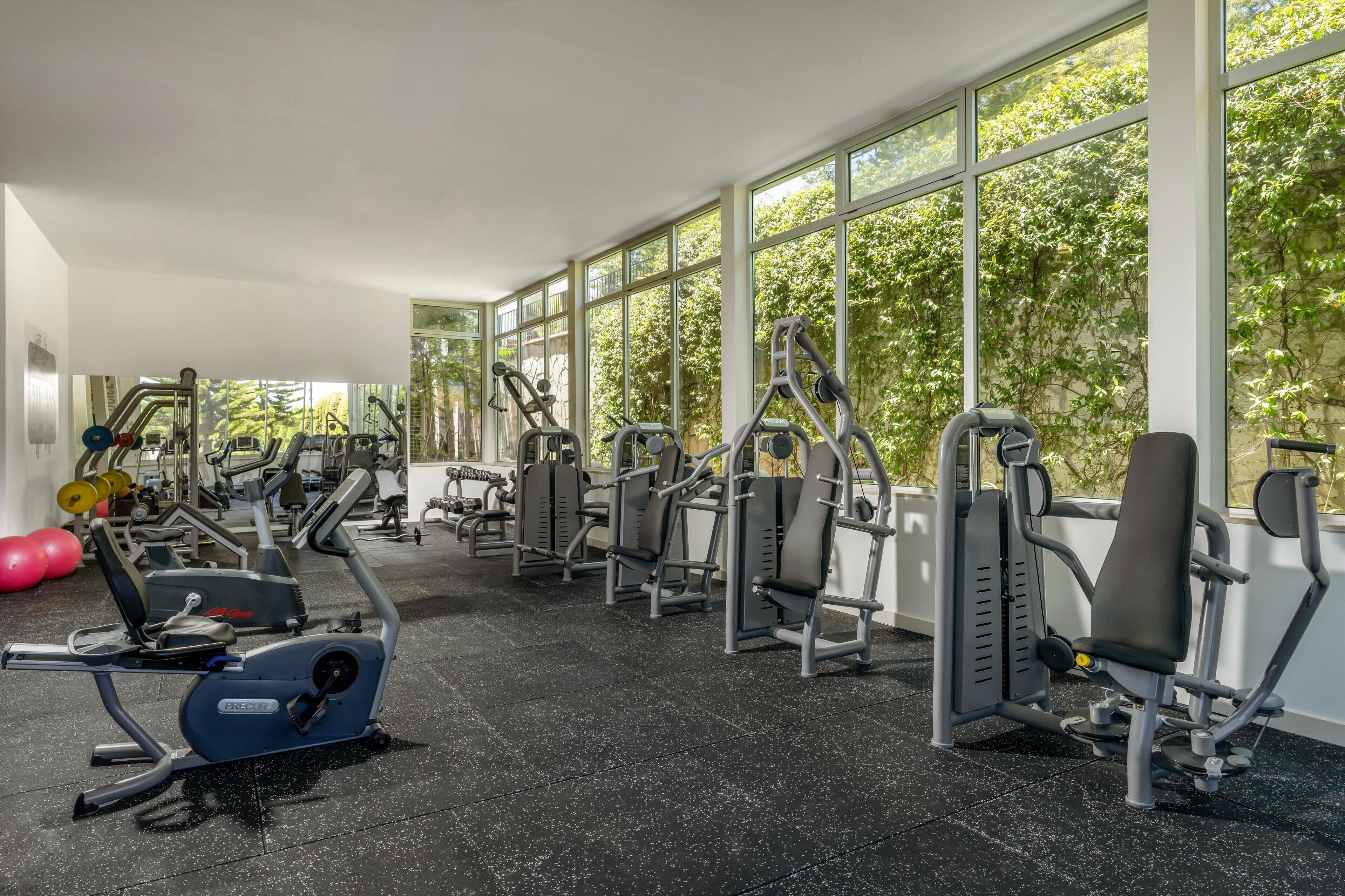 Ett gym med olika träningsmaskiner, stora fönster och ett svart gummigolv.