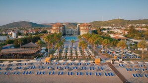 Un complexe hôtelier doté d’une piscine, de chaises longues et de palmiers.