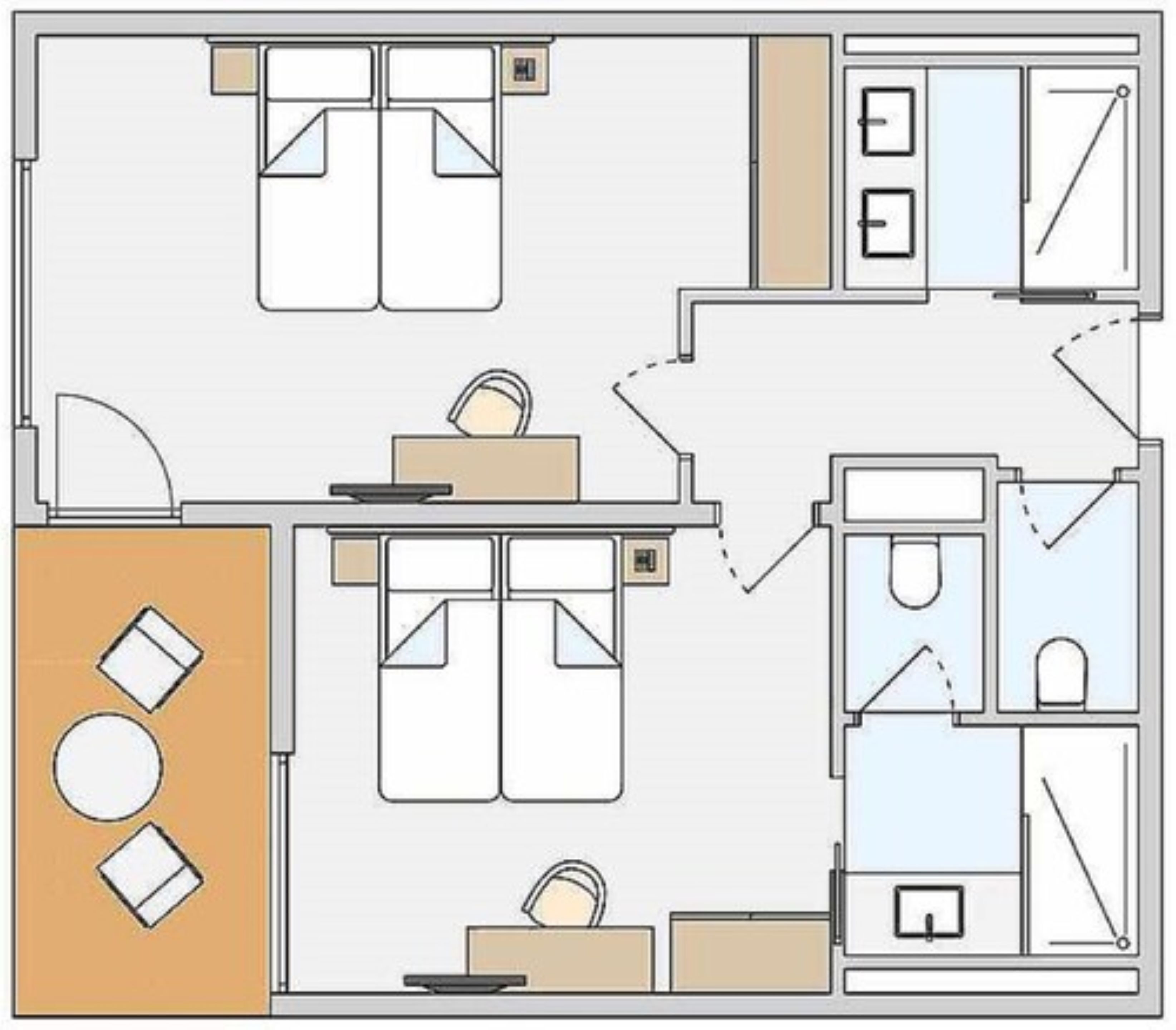 A hotel room layout with a bed, desk, chair, and bathroom.