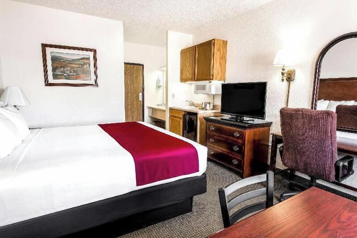 1 bedroom, desk, laptop workspace, blackout curtains