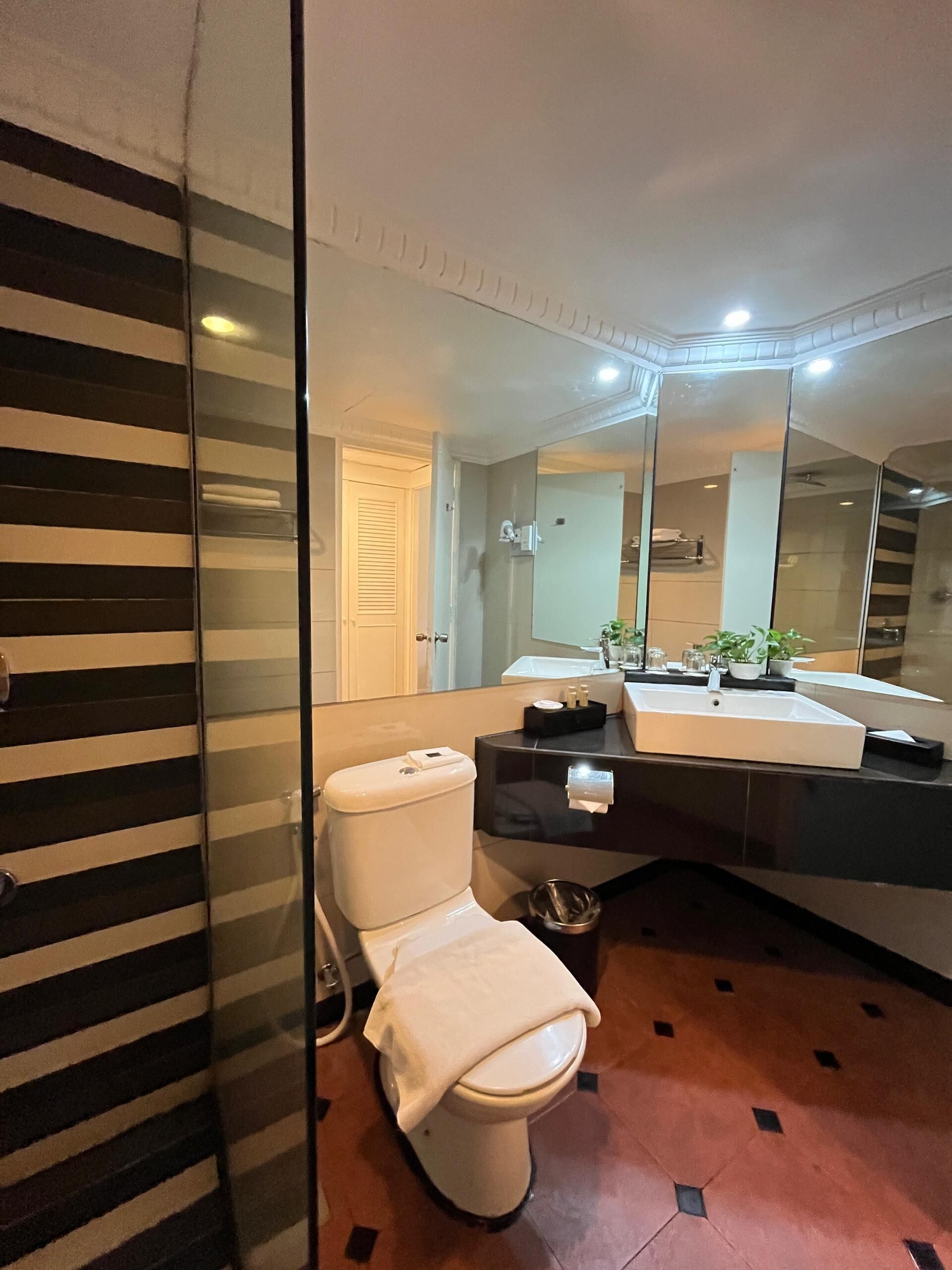 A modern bathroom with a striped wall, a toilet, a sink, and a large mirror.