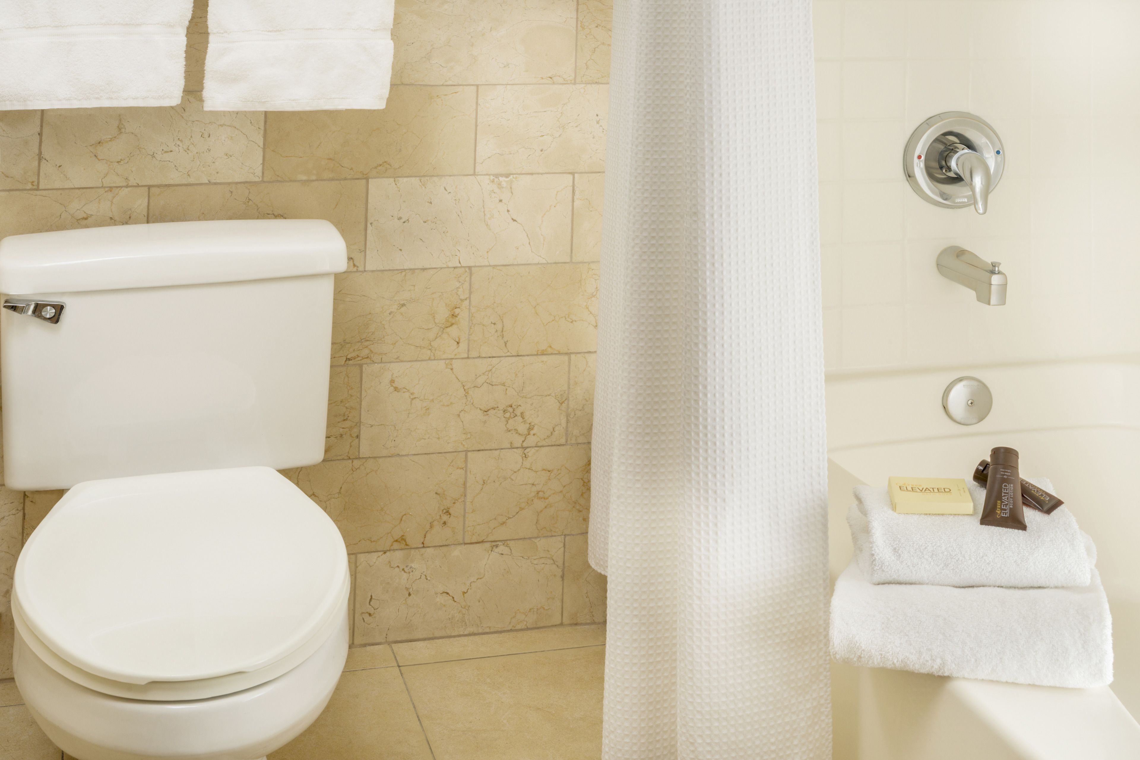A bathroom with a toilet, a bathtub, and a shower curtain.