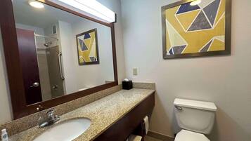 A bathroom with a granite countertop sink, a mirror, a toilet, and two abstract paintings on the walls.