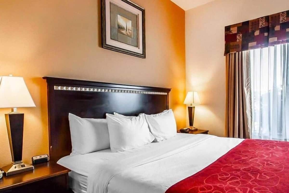 Une chambre d’hôtel avec un grand lit, deux lampes de chevet, un tableau encadré au mur et une fenêtre avec des rideaux.