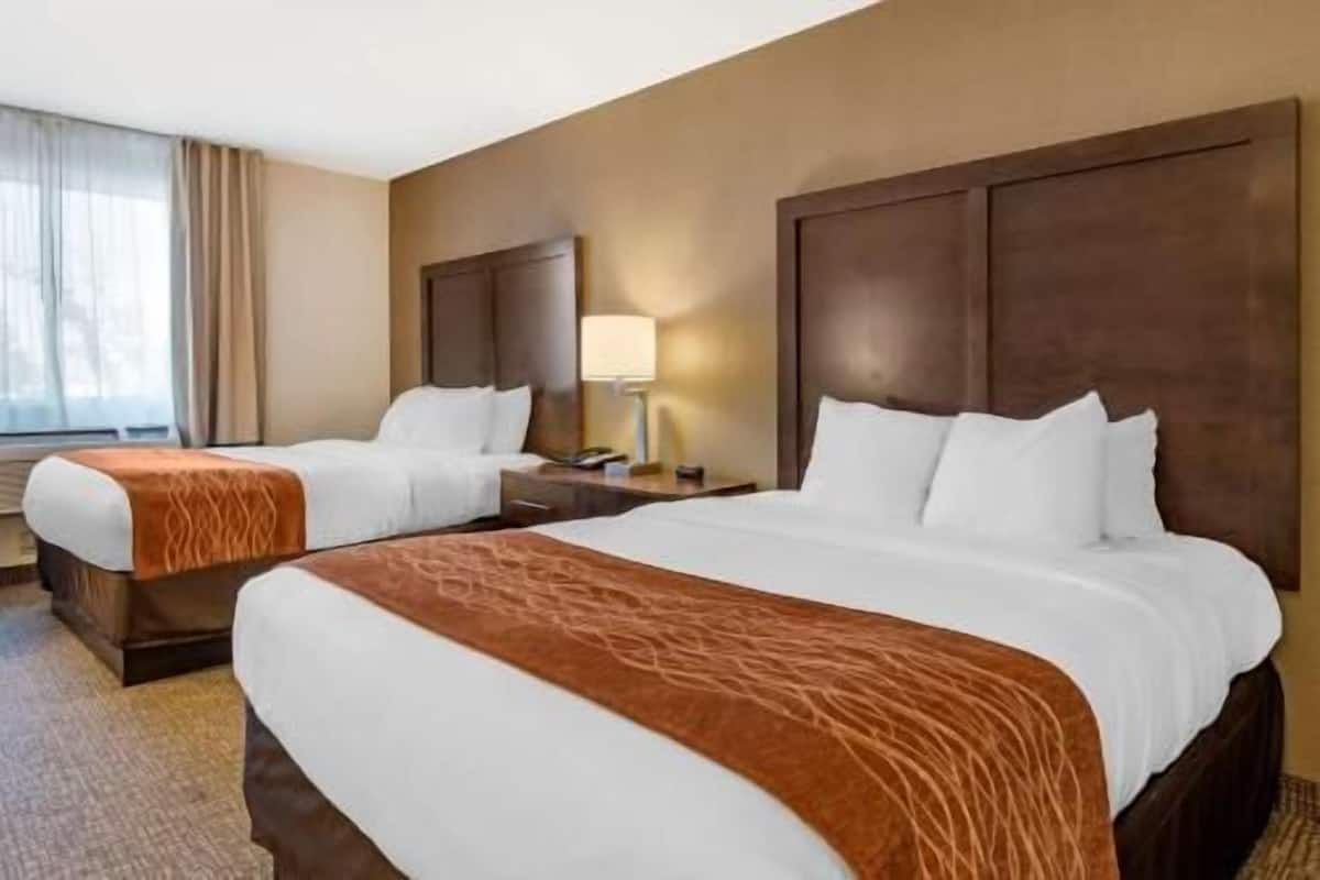Habitación de hotel con dos camas, una mesita de noche con lámpara y una ventana con cortinas.