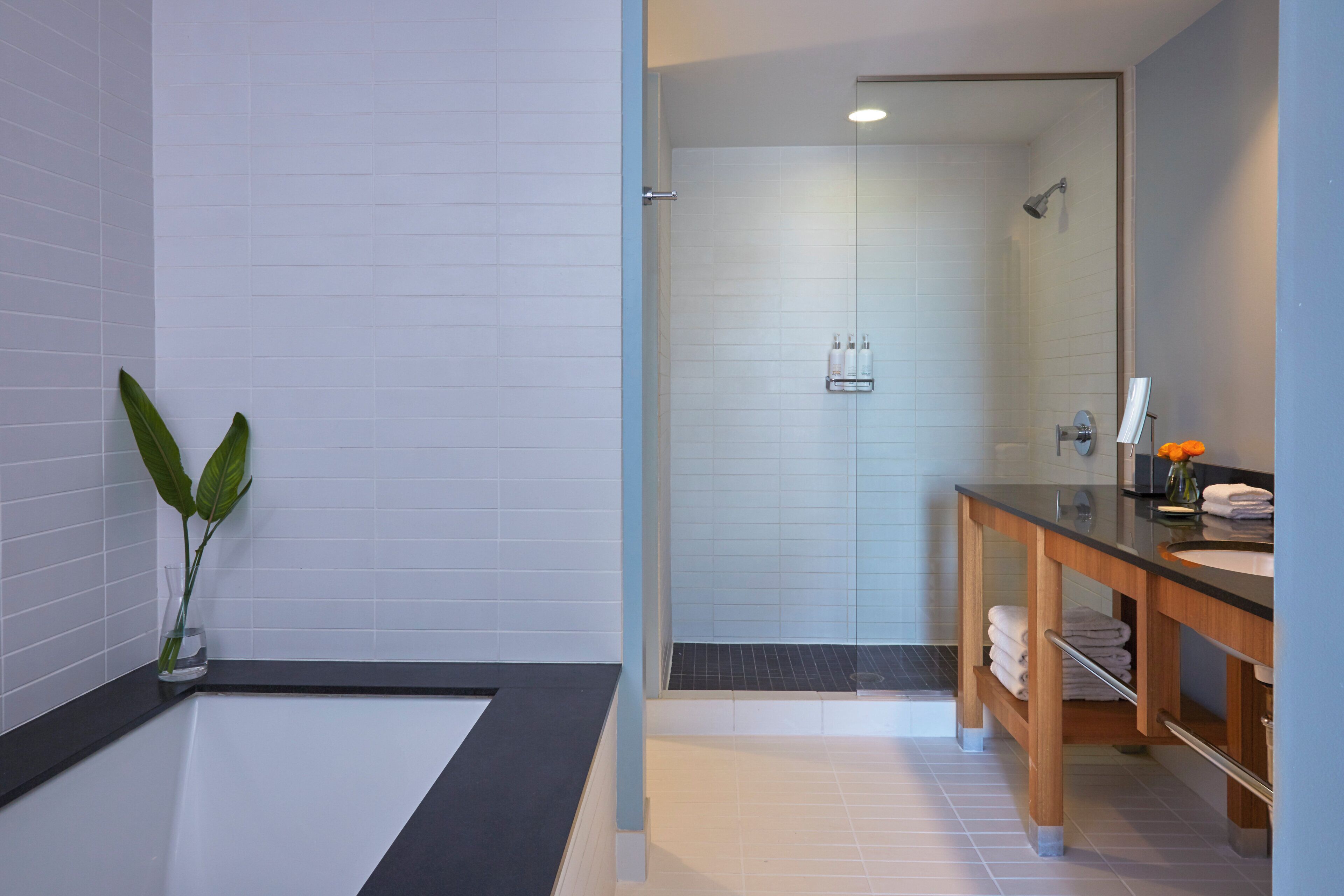A modern bathroom with a glass-enclosed shower, a bathtub, and a vanity with a mirror.