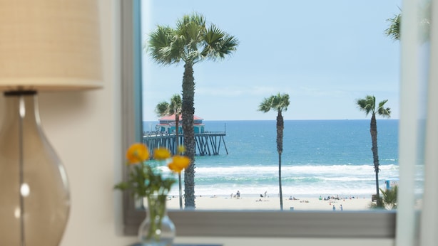 A view of a beach with palm trees and a pier.
