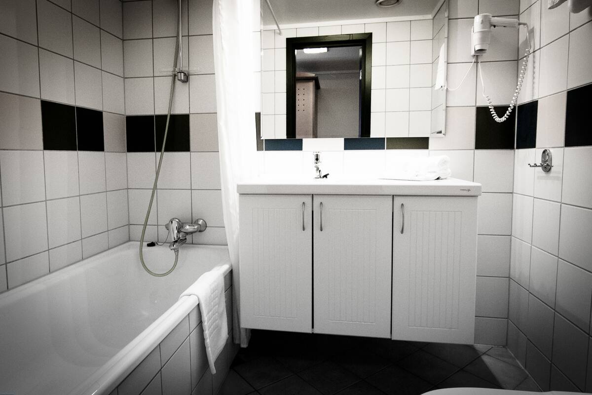 free toiletries, hair dryer, towels