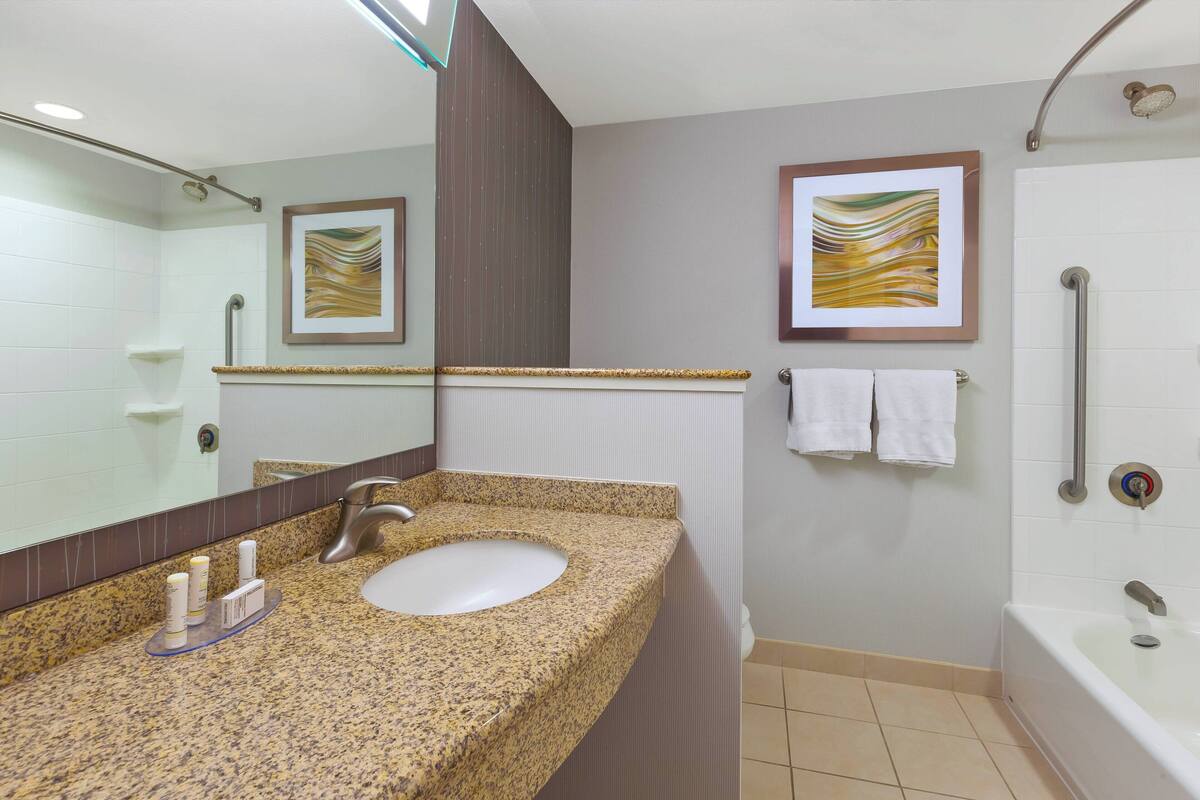 combined shower/bathtub, hair dryer, towels
