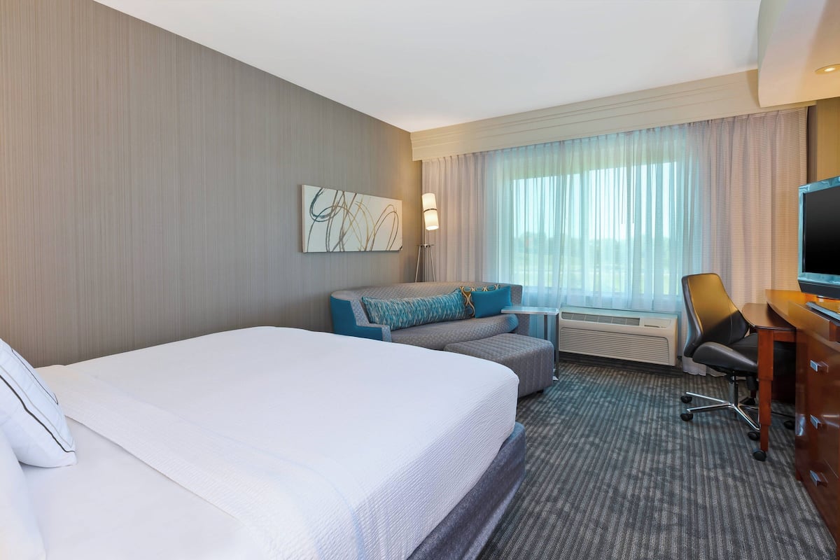 Habitación de hotel con una cama grande, un sofá, un escritorio y un televisor.
