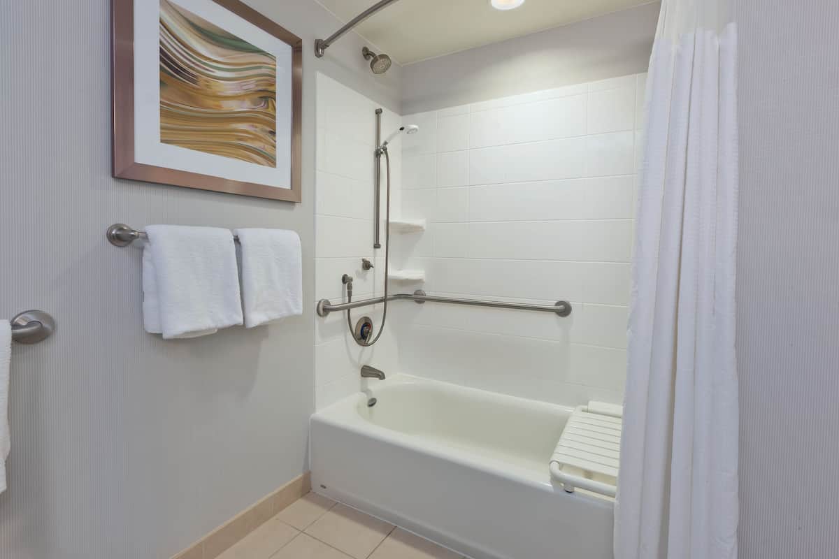 combined shower/bathtub, hair dryer, towels