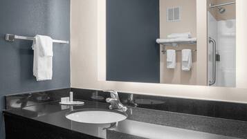 A modern bathroom with a black granite countertop, a white sink, and a large mirror.