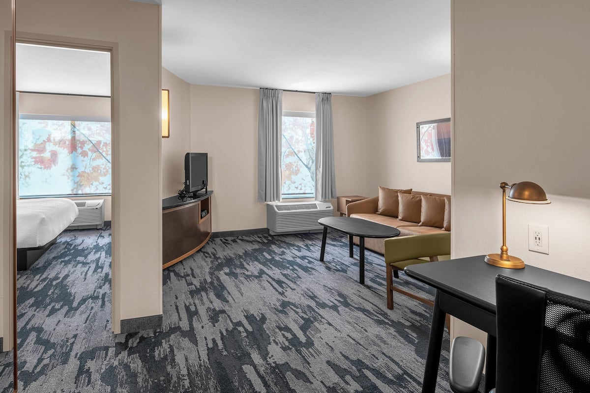 A hotel room with a bed, a desk, a sofa, a TV, and a window with curtains.
