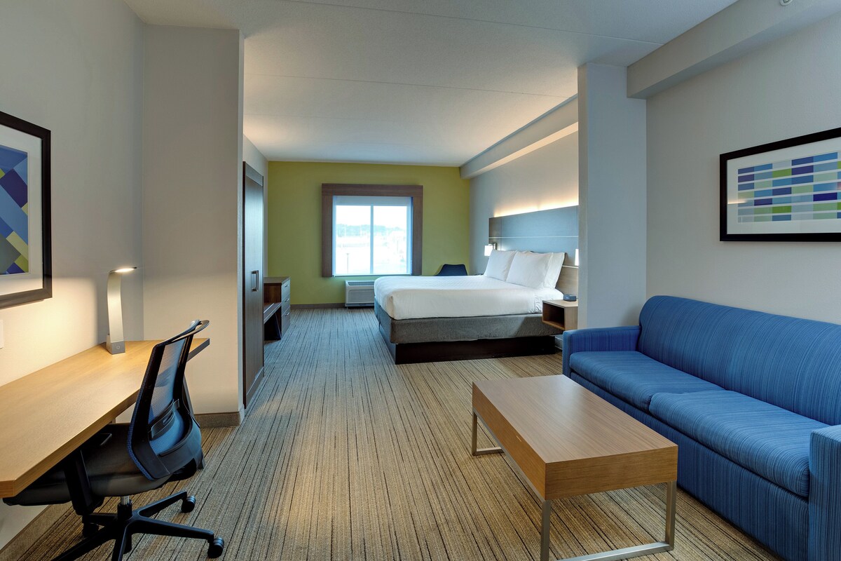 Habitación de hotel con cama, sofá azul, escritorio con silla y una pequeña mesa.