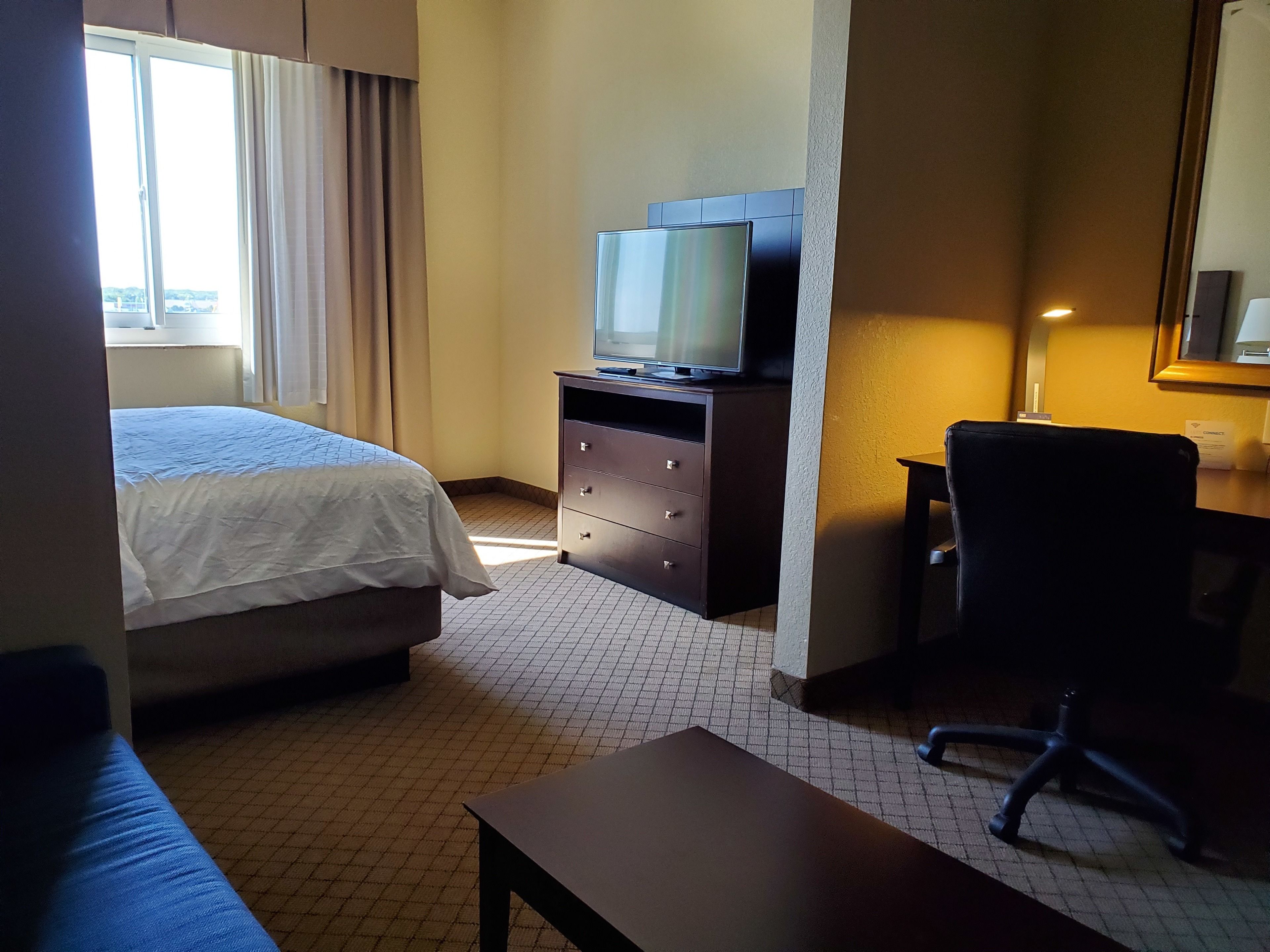 In-room safe, desk, laptop workspace, blackout drapes