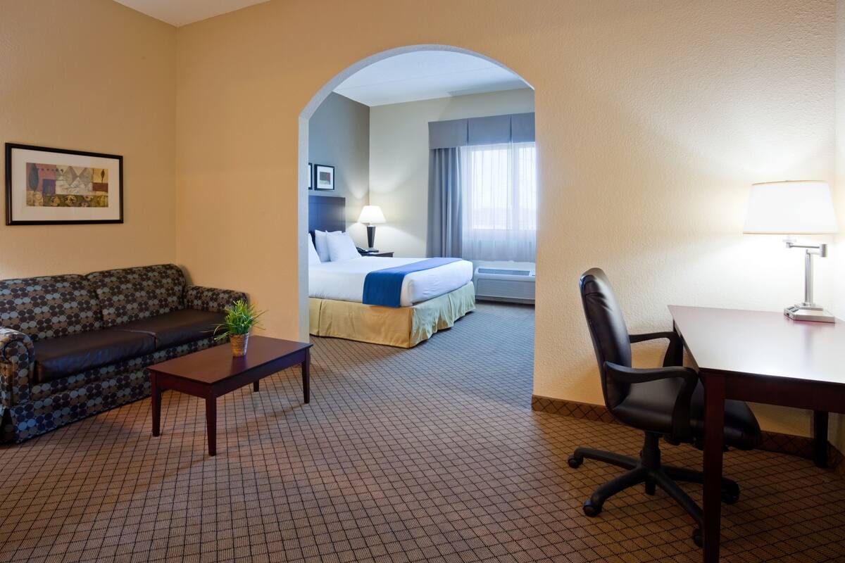 A hotel room with a sofa, a bed, a desk, and a chair.
