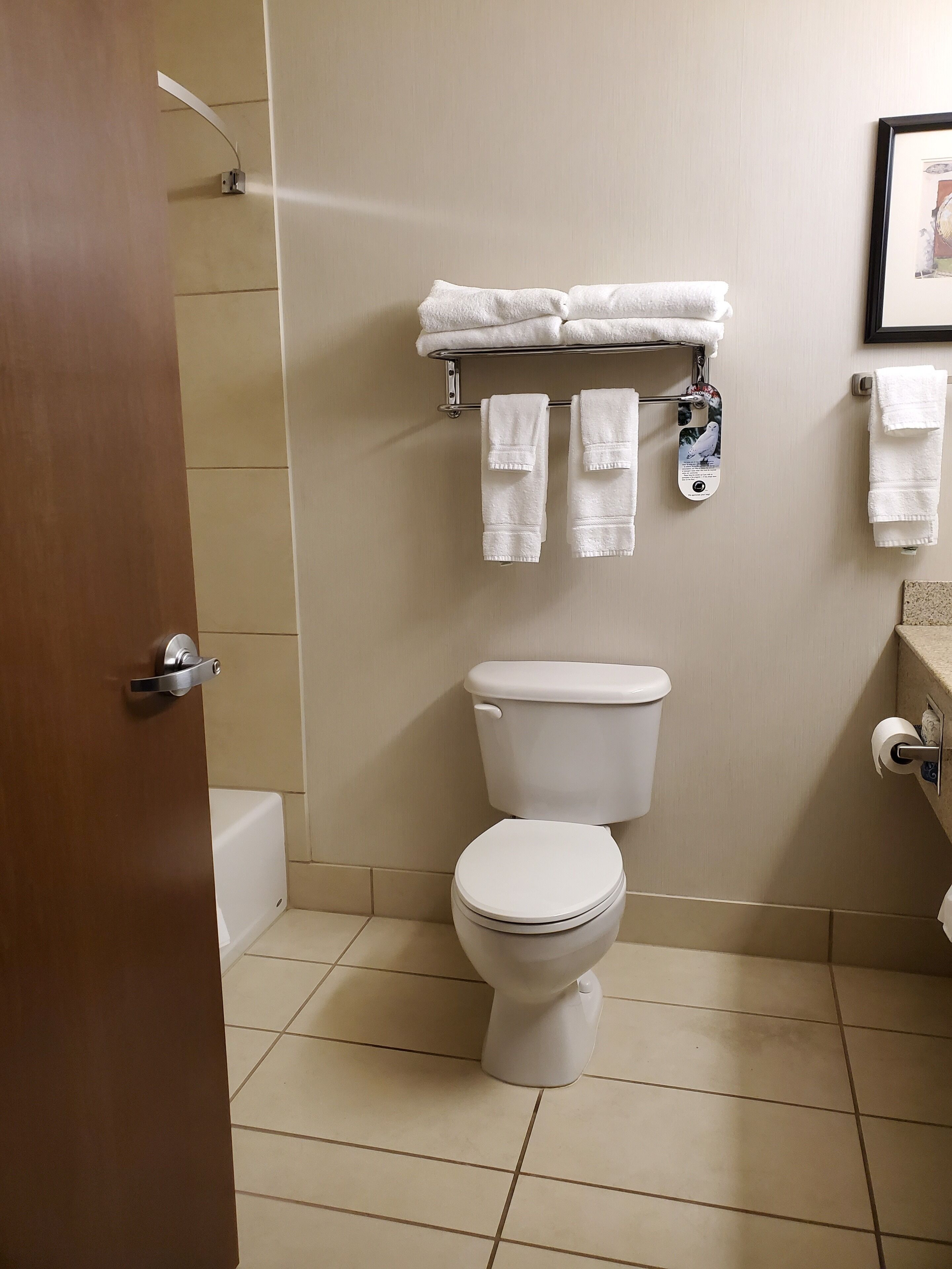 A bathroom with a toilet, a towel rack with multiple towels, and a shower area.