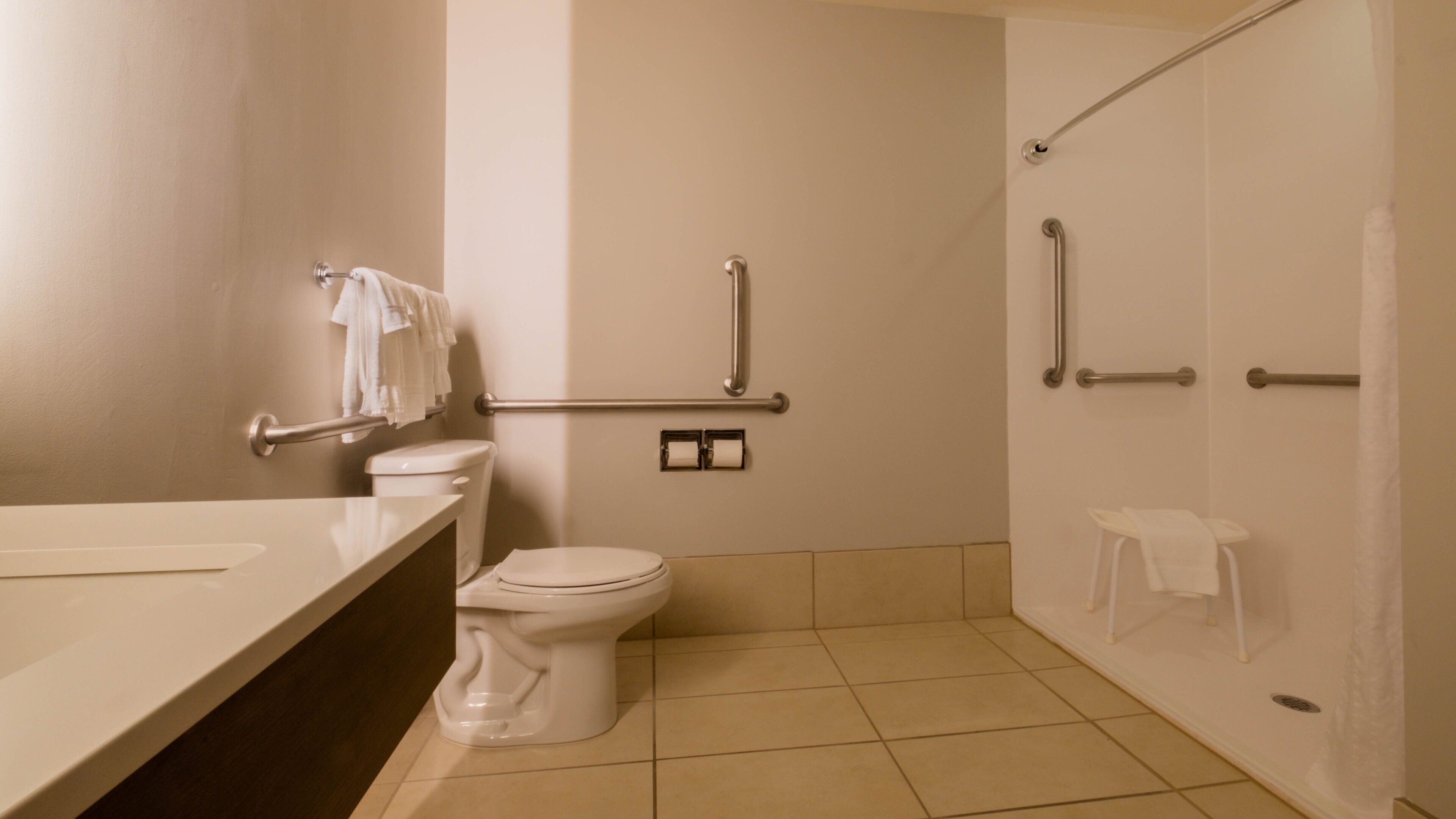 A bathroom with a toilet, sink, and shower. It includes grab bars and a towel rack.