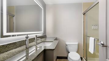 A modern bathroom with a large mirror, a sink, a toilet, and a shower area.