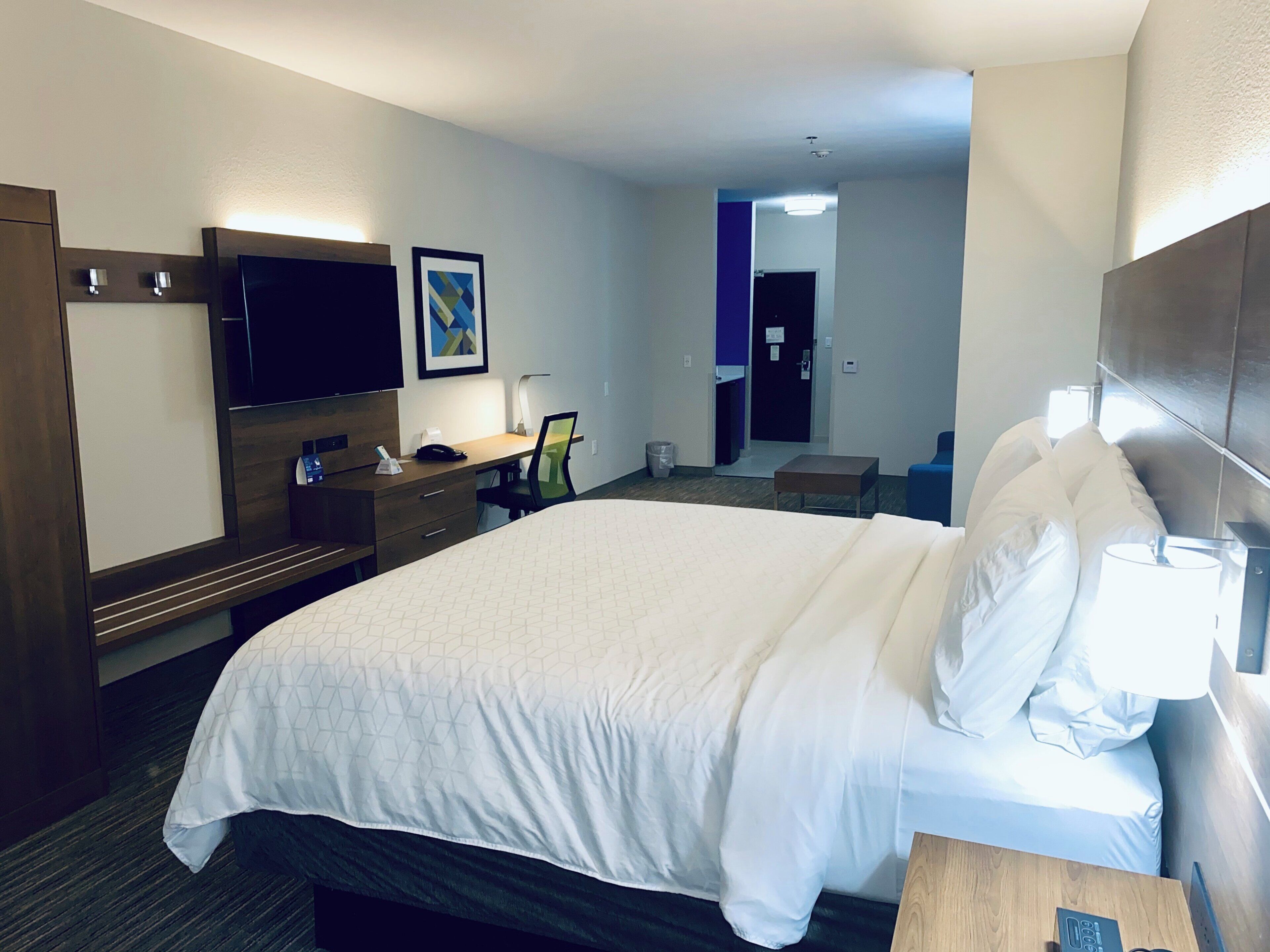 Une chambre d’hôtel avec un lit, une table de chevet, un bureau, une chaise, une télévision et un tableau au mur.
