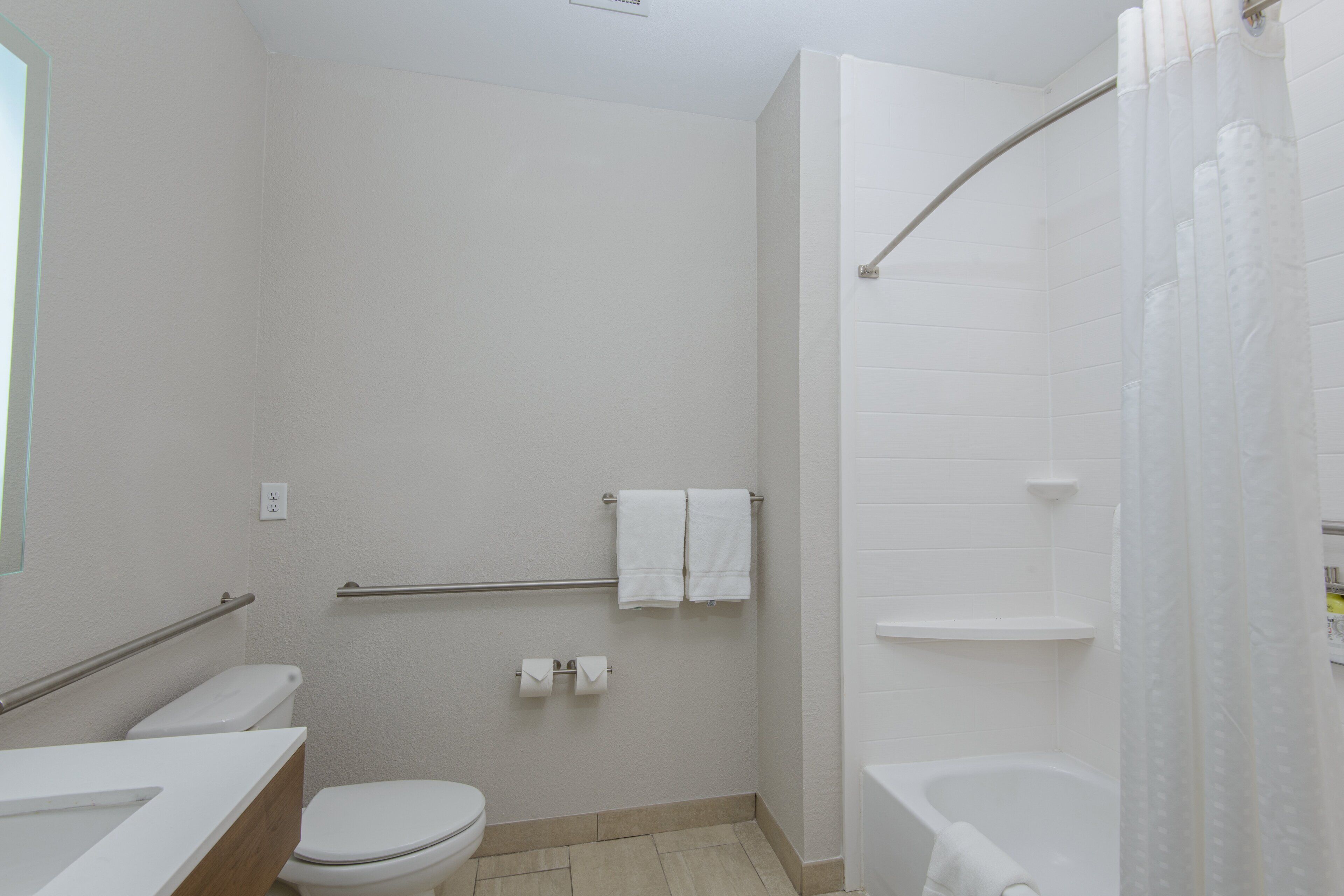 standard room, 2 queen beds | bathroom | hair dryer, towels