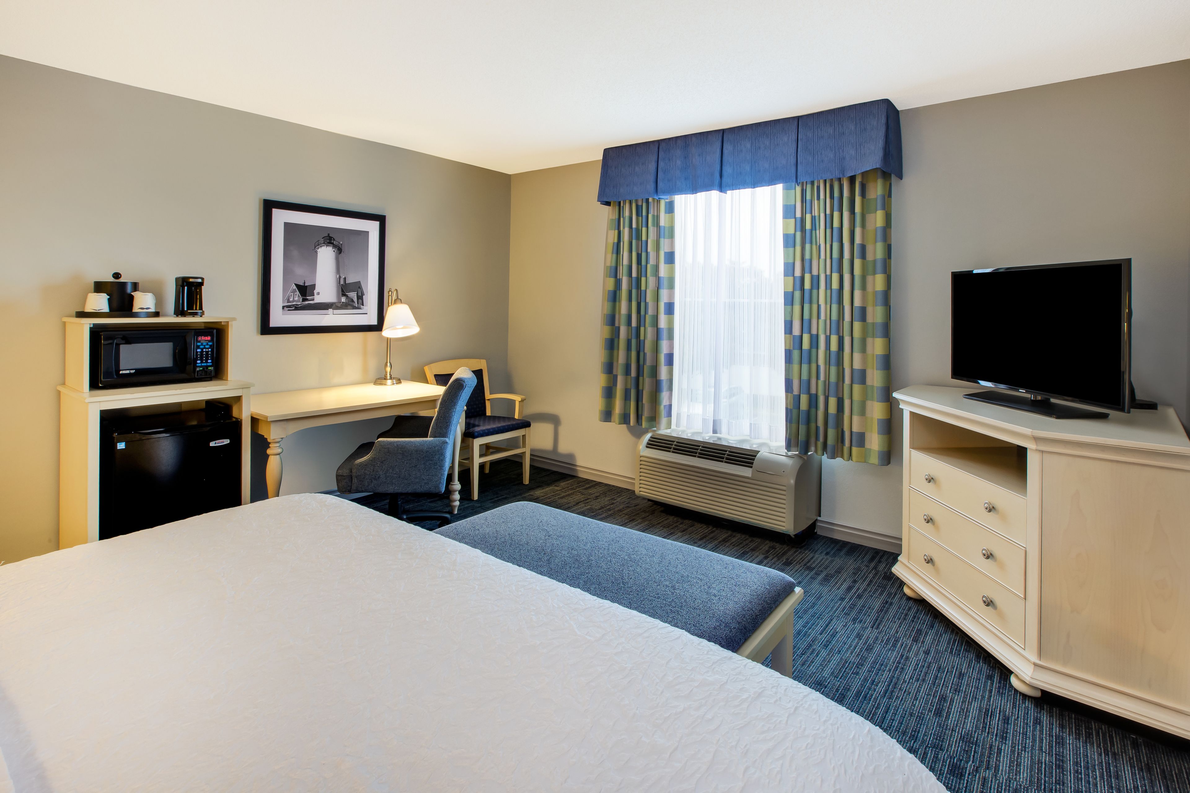 A hotel room with a bed, desk, chair, microwave, television, and a framed picture on the wall.