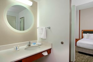 Combined shower/bathtub, free toiletries, hair dryer, towels