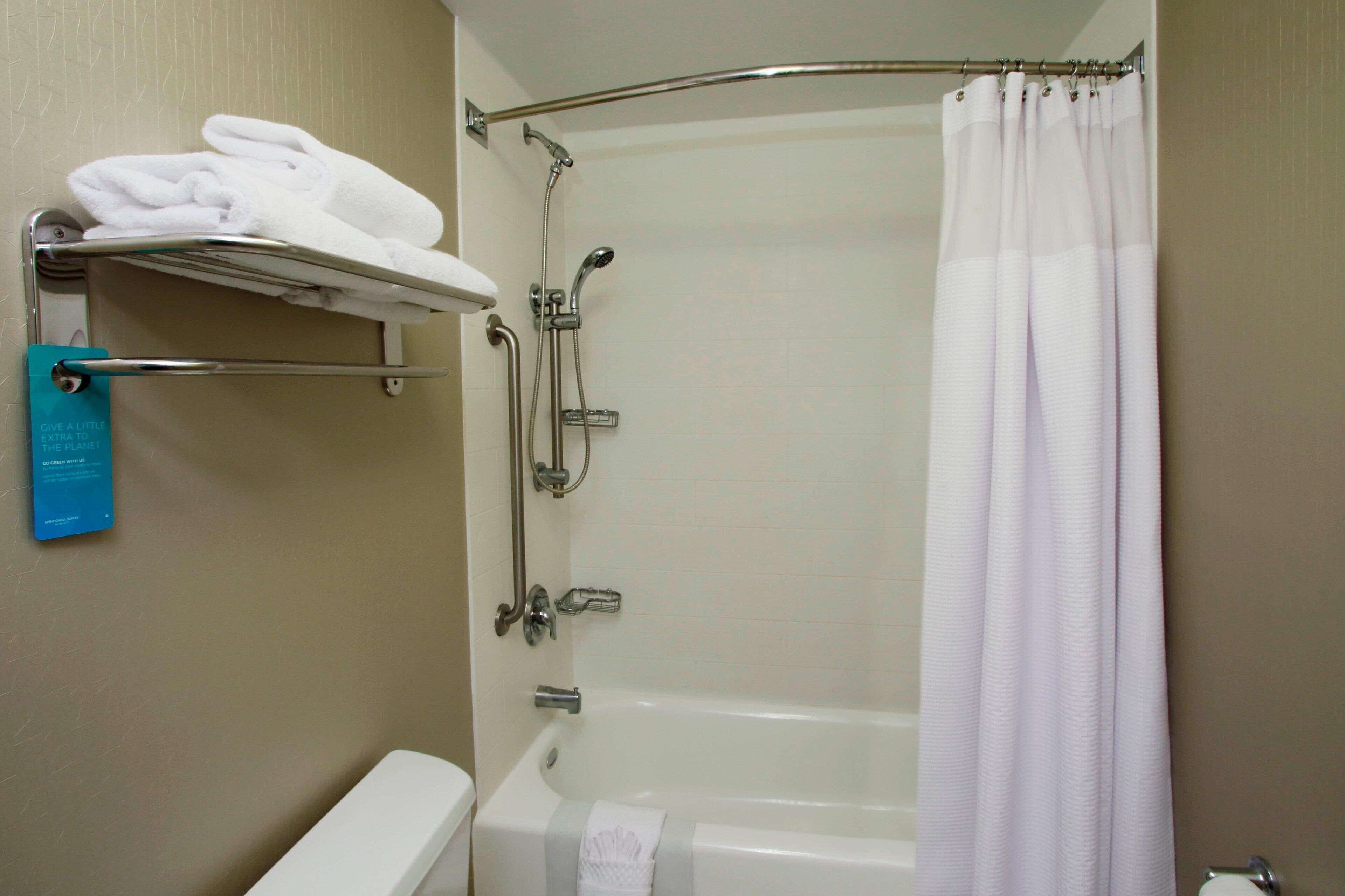 combined shower/bathtub, free toiletries, hair dryer, towels