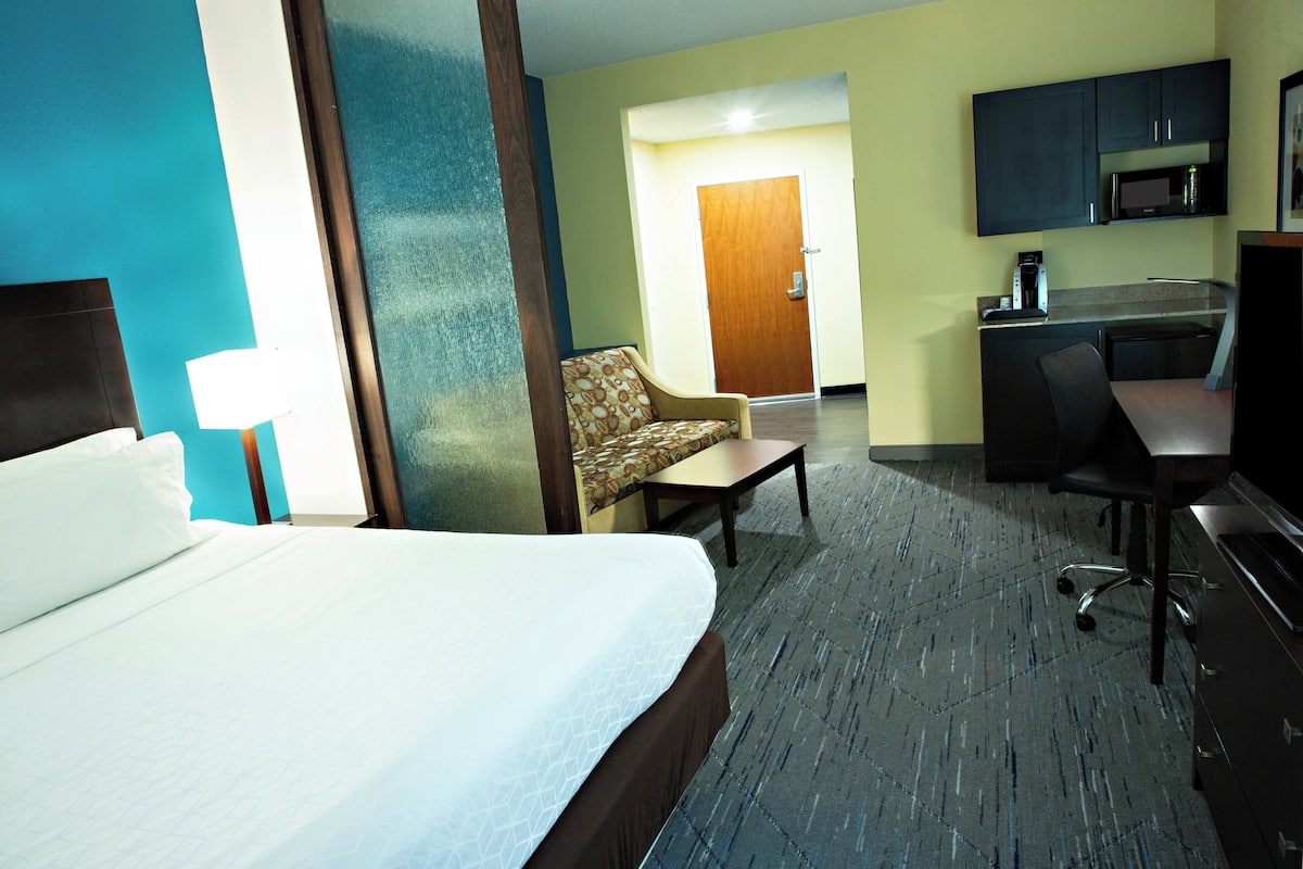 A hotel room with a bed, a desk, a chair, a sofa, and a kitchenette.