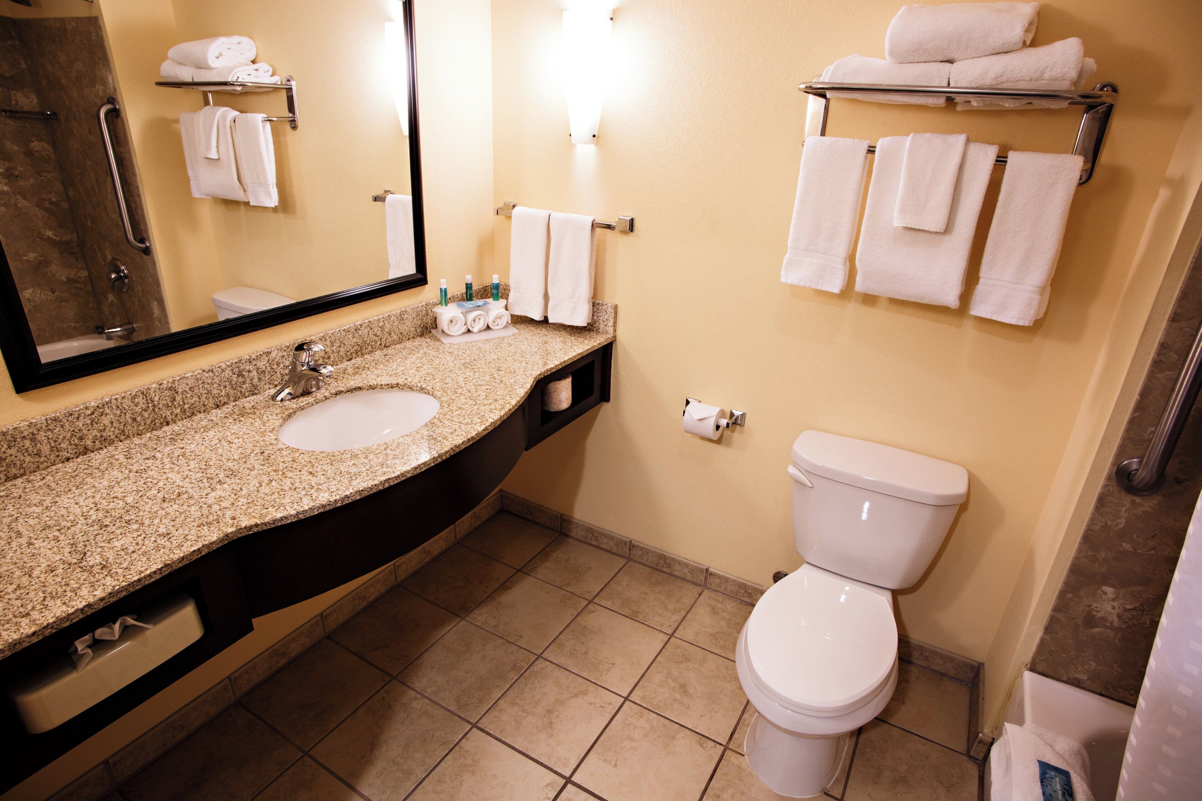 Un baño con lavabo, espejo, inodoro y toallero.