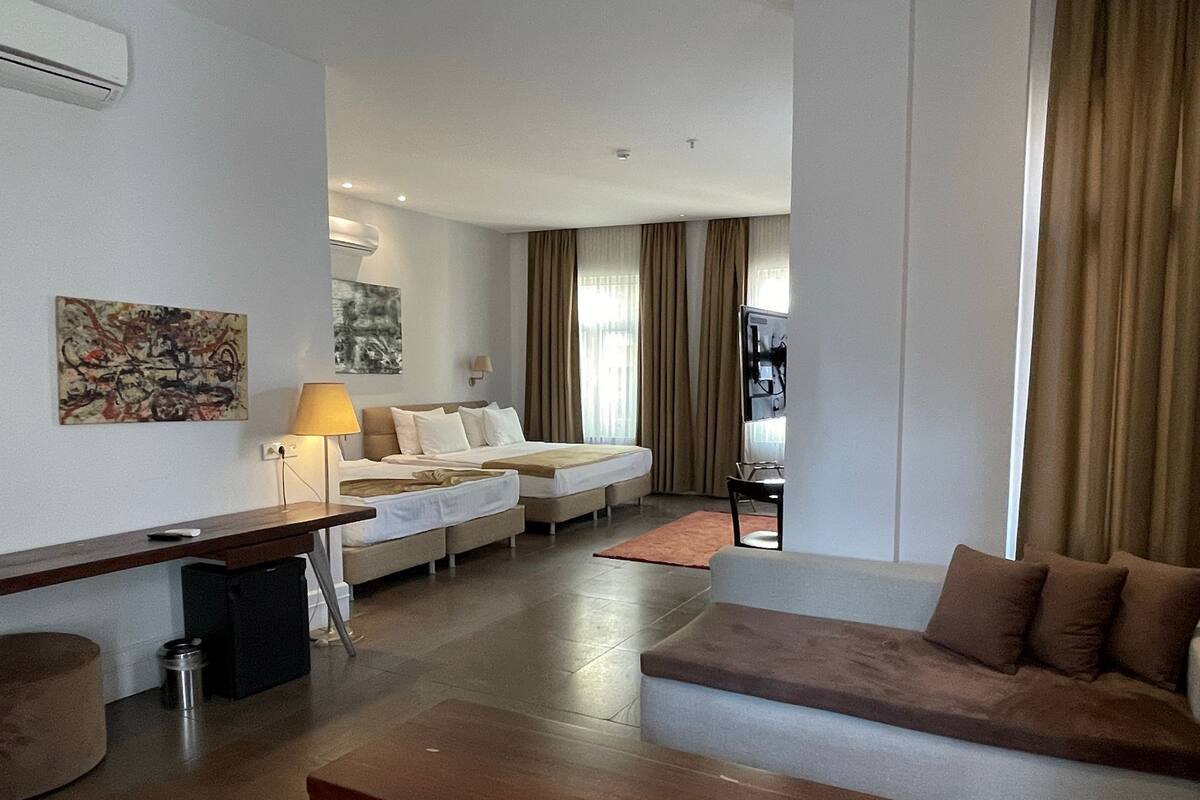 A modern hotel room with a sofa, a bed, a desk, and a TV.