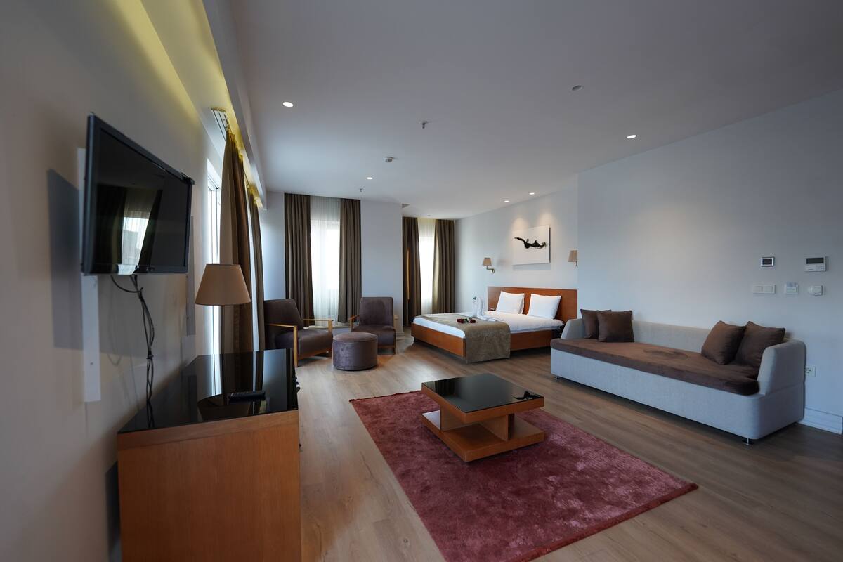 A modern hotel room with a bed, sofa, TV, and a desk.