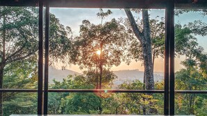 Una cama con vistas a árboles y montañas a través de amplios ventanales.