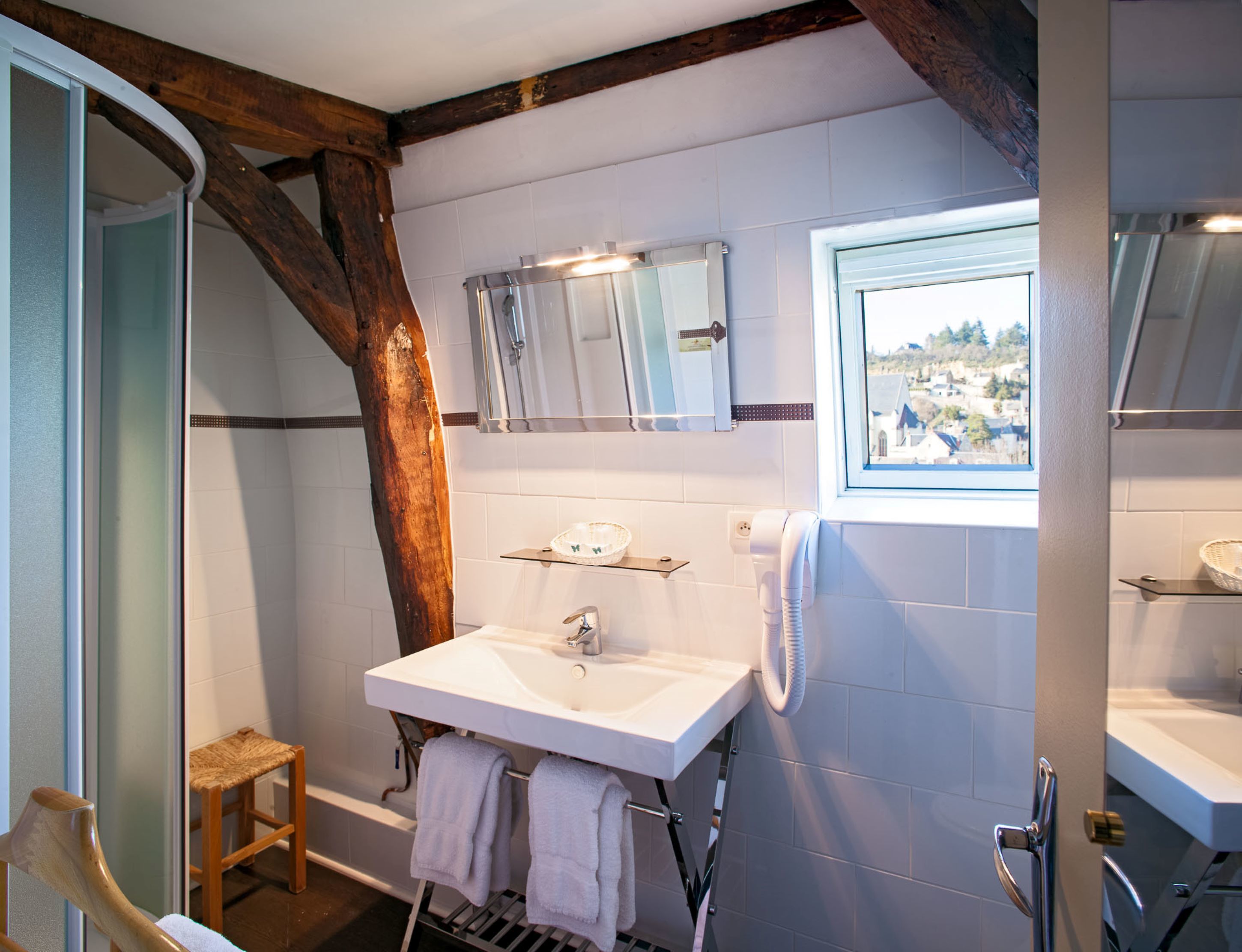 combined shower/bathtub, free toiletries, hair dryer, towels