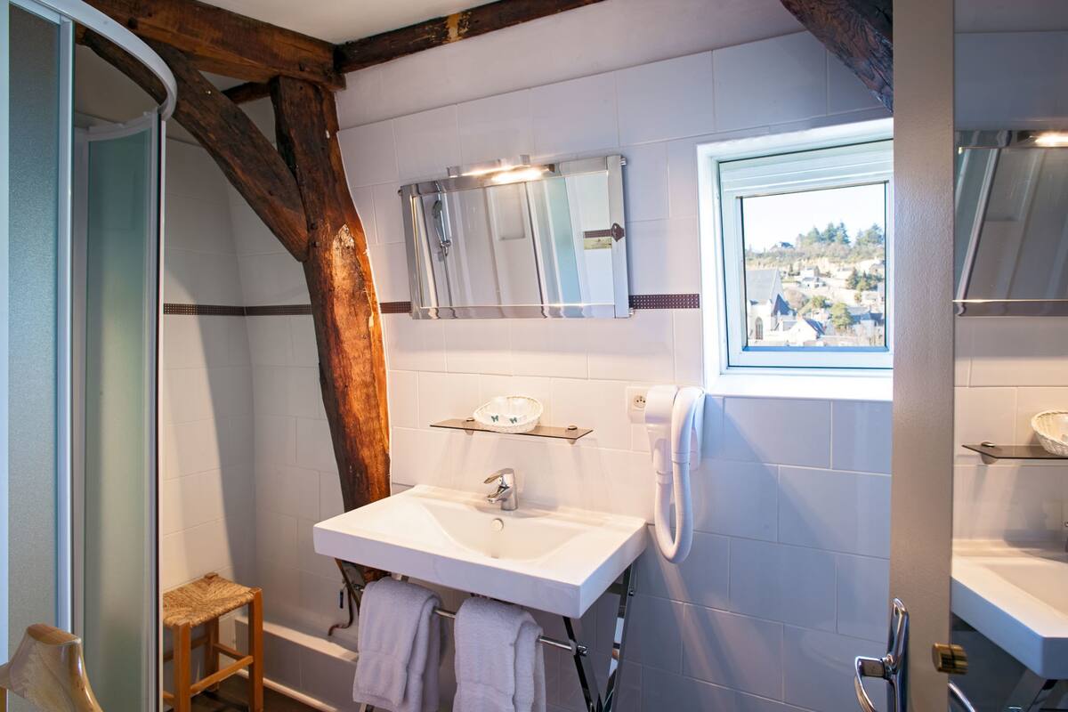 combined shower/bathtub, free toiletries, hair dryer, towels