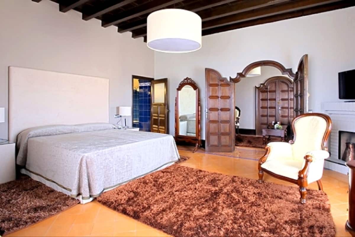 A bedroom with a large bed, a wooden chair, a mirror, and a fireplace.