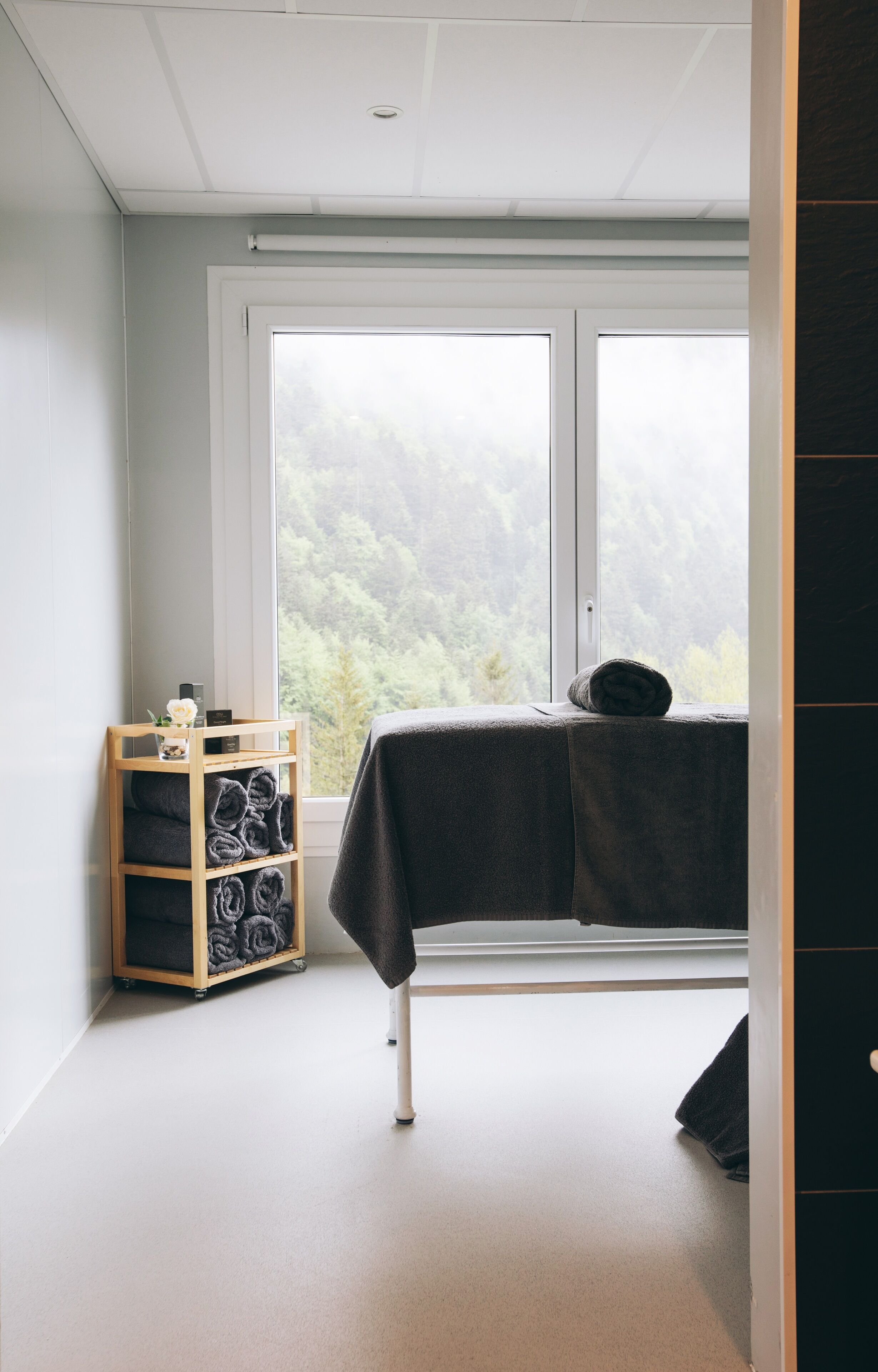 A bedroom with a large window, a bed with a dark blanket, a wooden shelf with towels, and a view of a forested area.