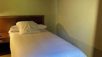 A single bed in a room with a wooden ceiling and a nightstand.