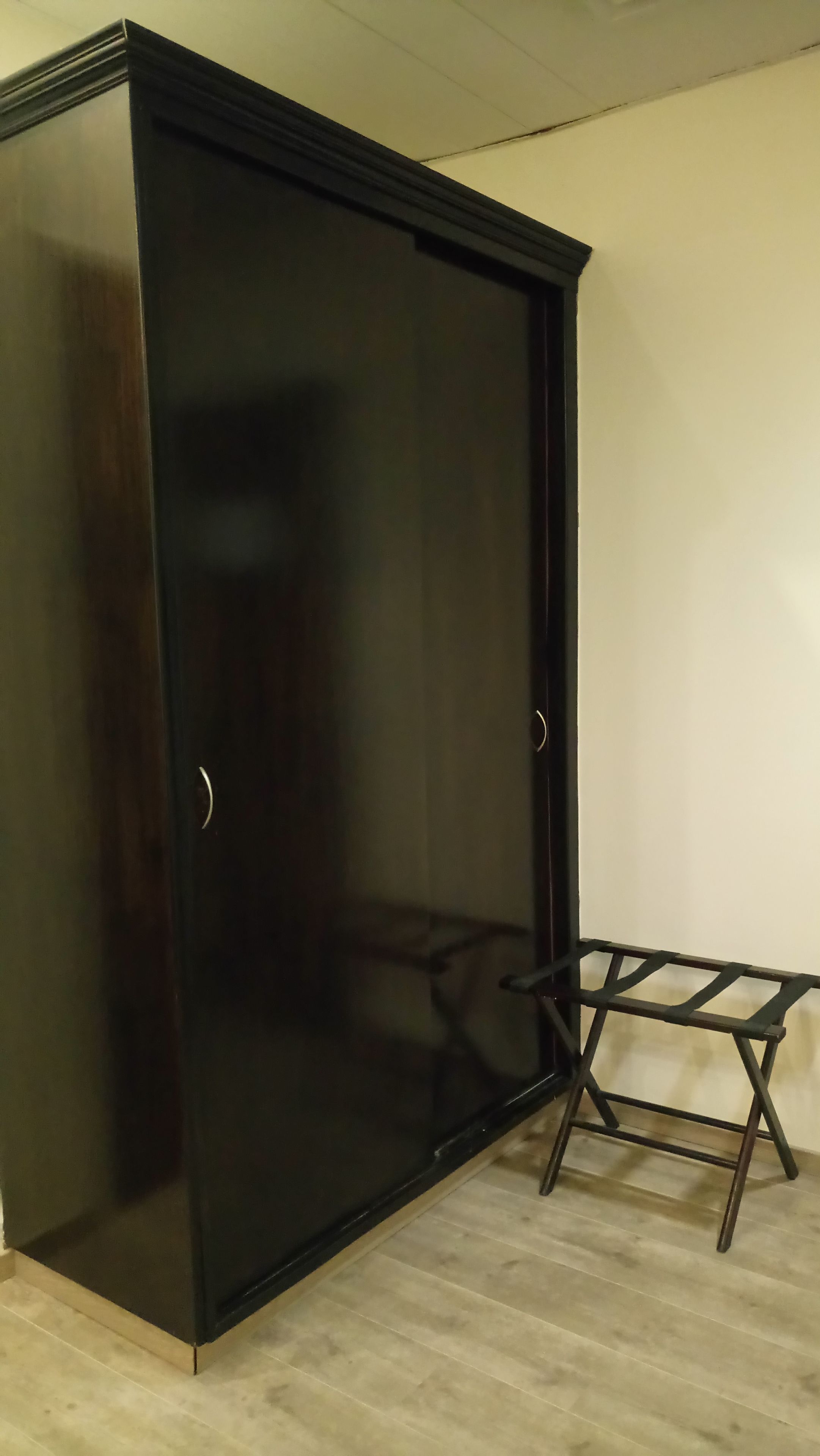 Une armoire de couleur sombre, dotée d’une porte miroir, et une petite table avec un cadre en métal.