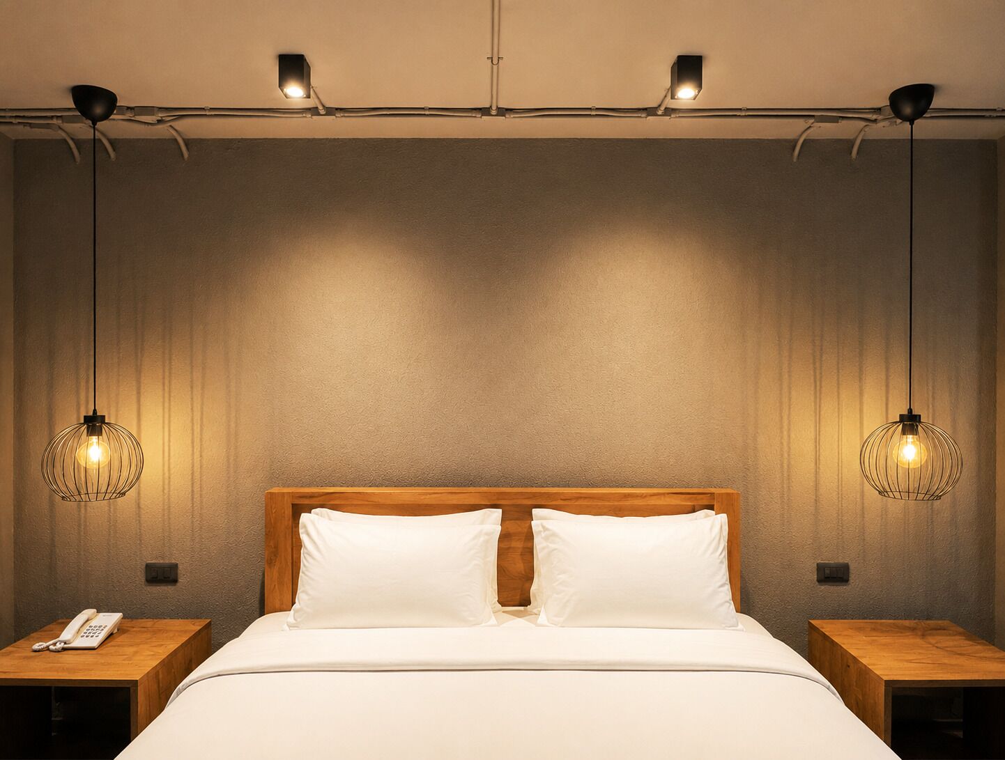 A hotel room with a wooden headboard, two bedside tables with lamps, and a telephone on one table.