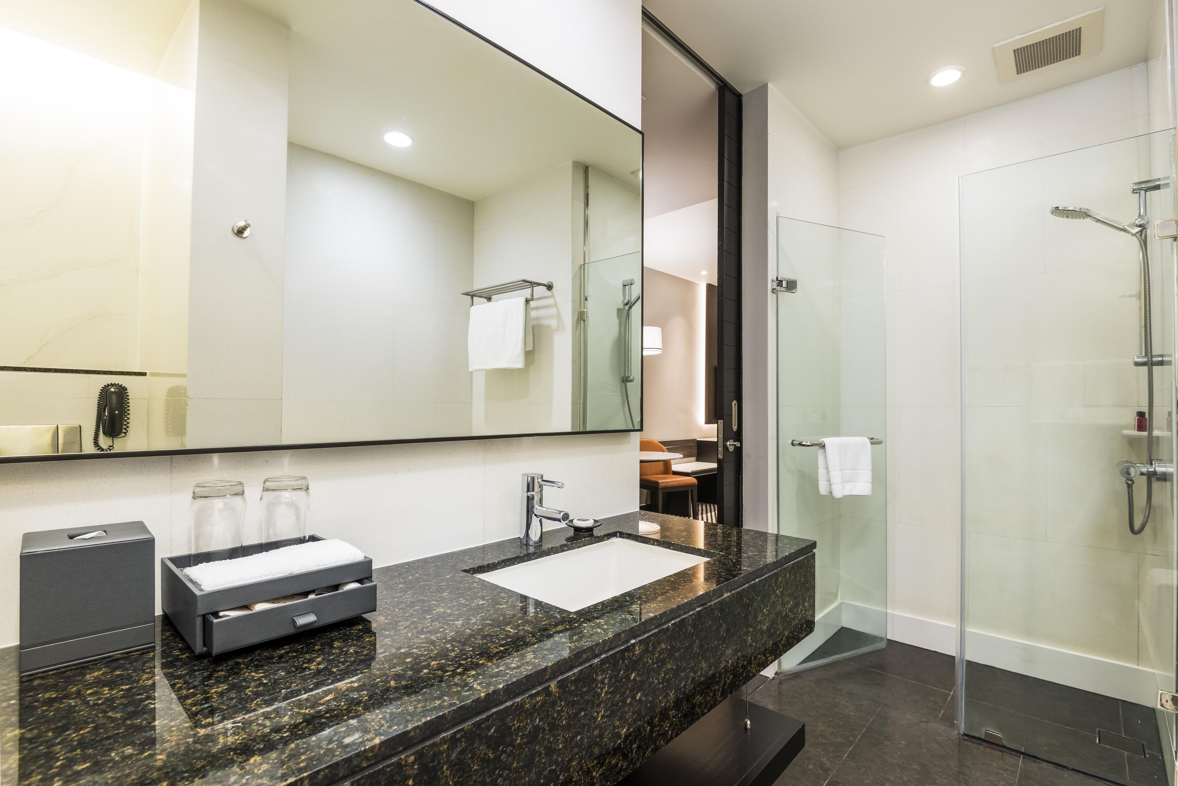 A modern bathroom with a granite countertop, a white sink, a large mirror, and a glass shower enclosure.