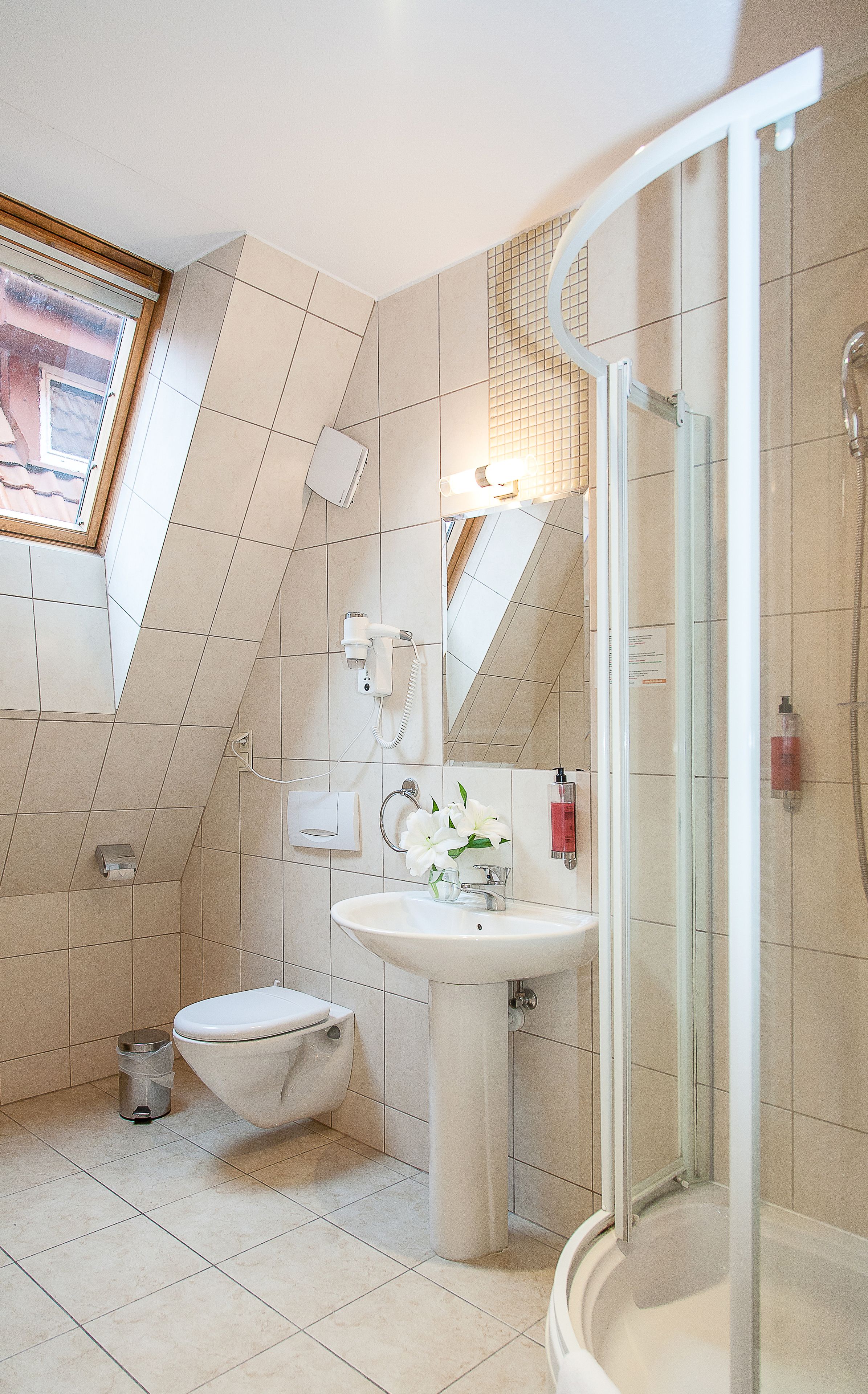 standard double or twin room | bathroom | shower, hair dryer, towels