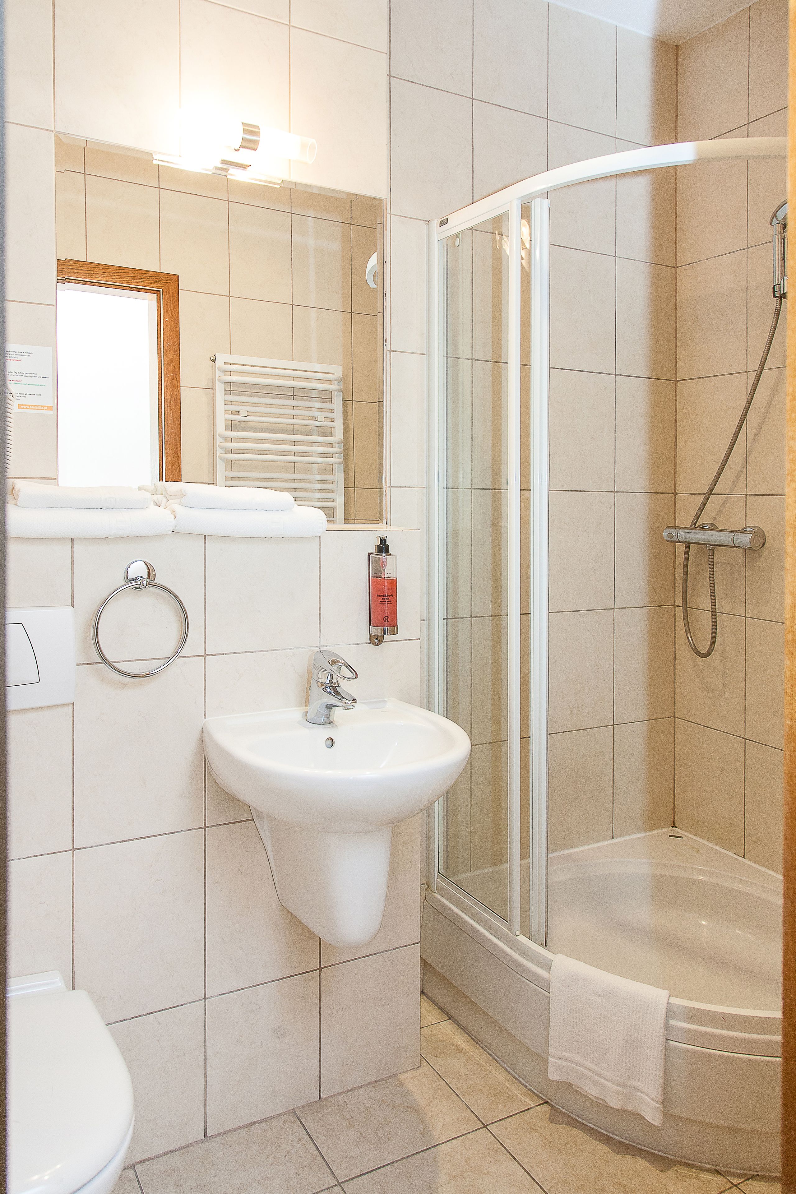 single room | bathroom | shower, hair dryer, towels